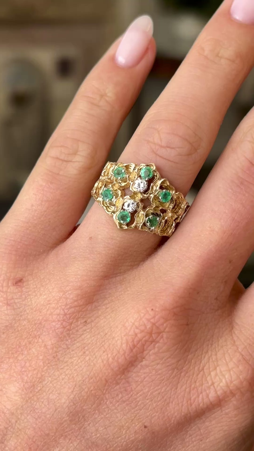 Vintage, textured diamond & emerald ring