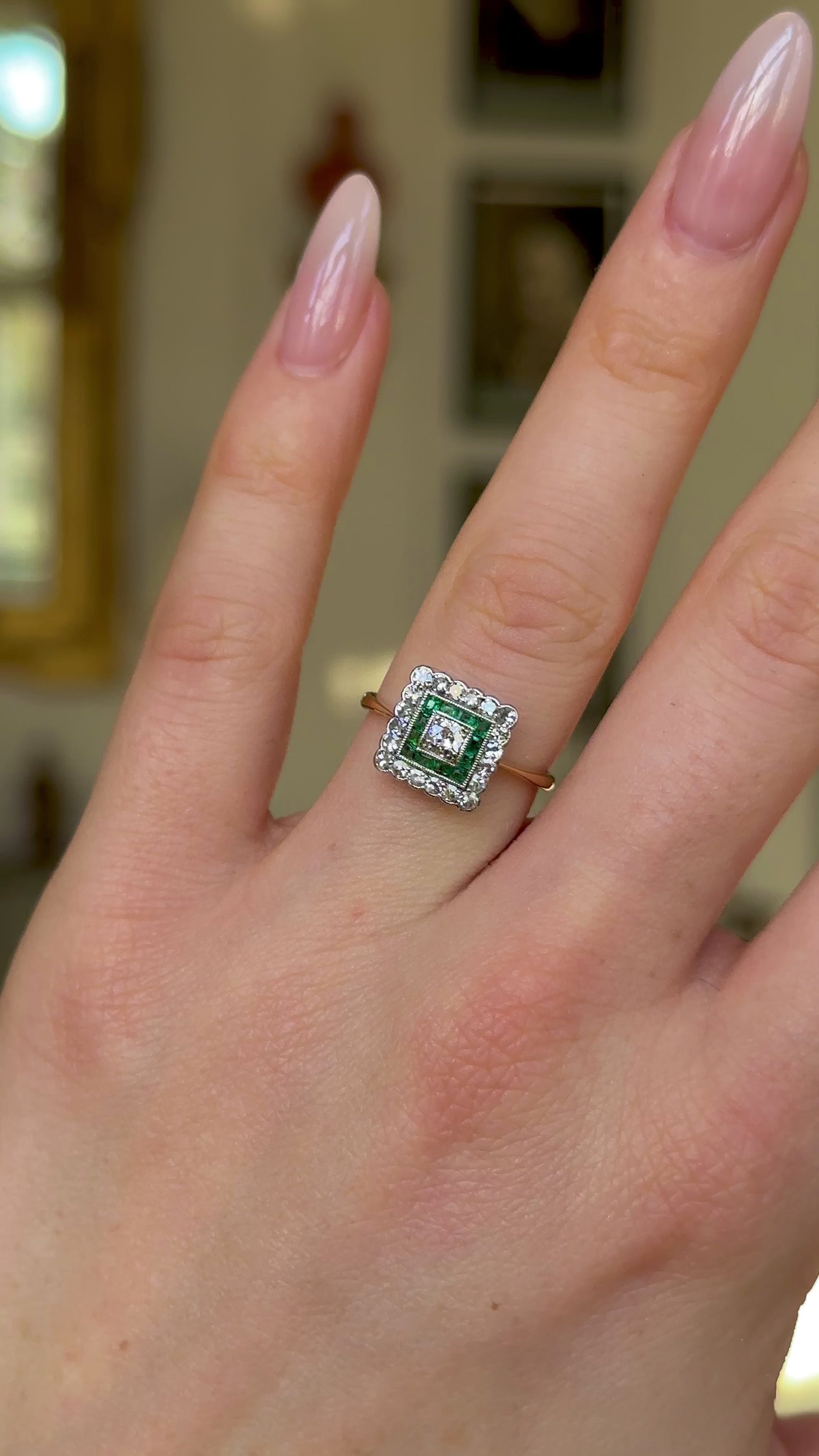 Antique, Emerald and Diamond Square Cluster Ring, 18ct Yellow Gold and Platinum worn on hand and rotated to give perspective.