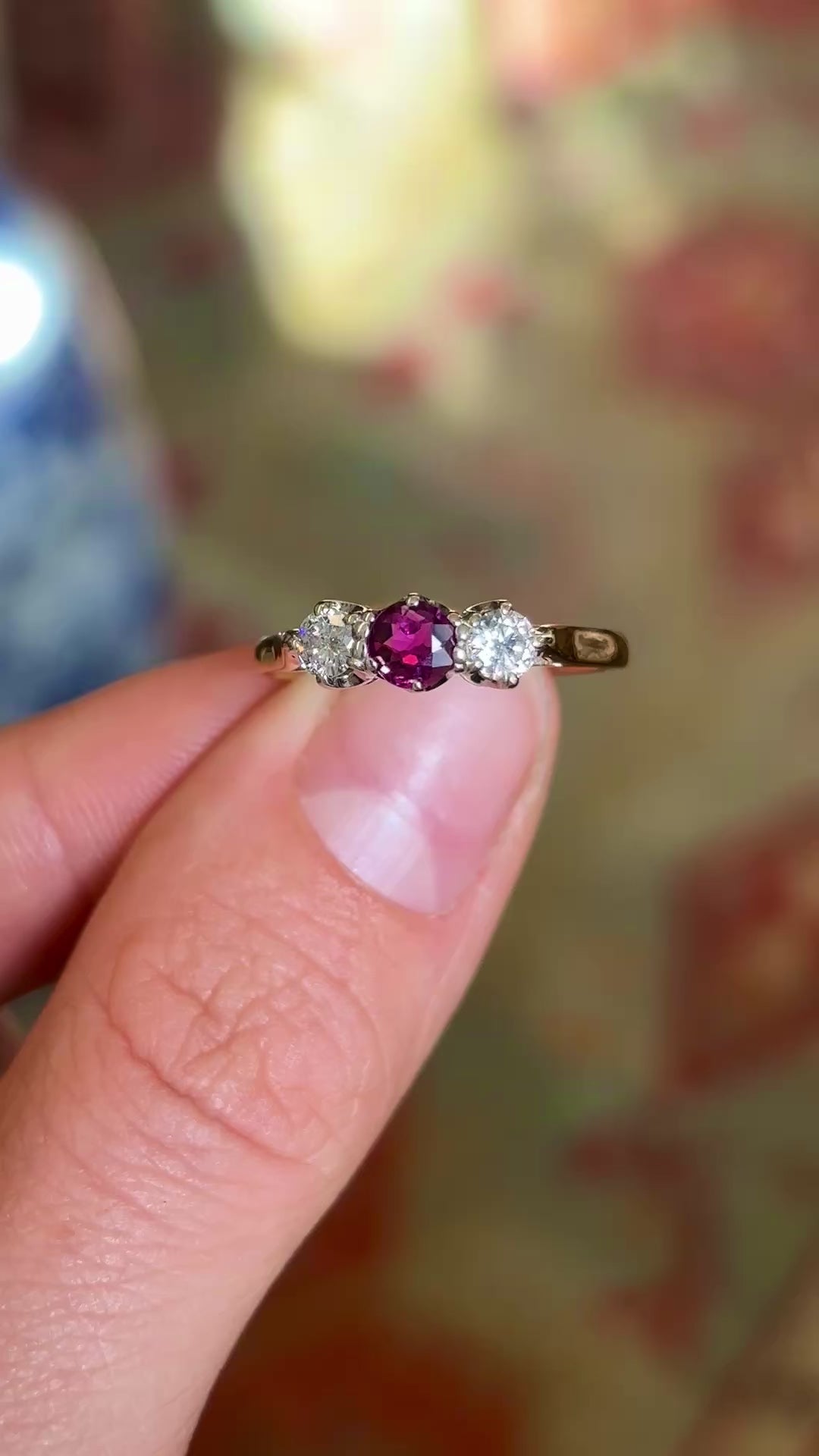 Vintage, 1980s ruby & diamond three-stone ring
