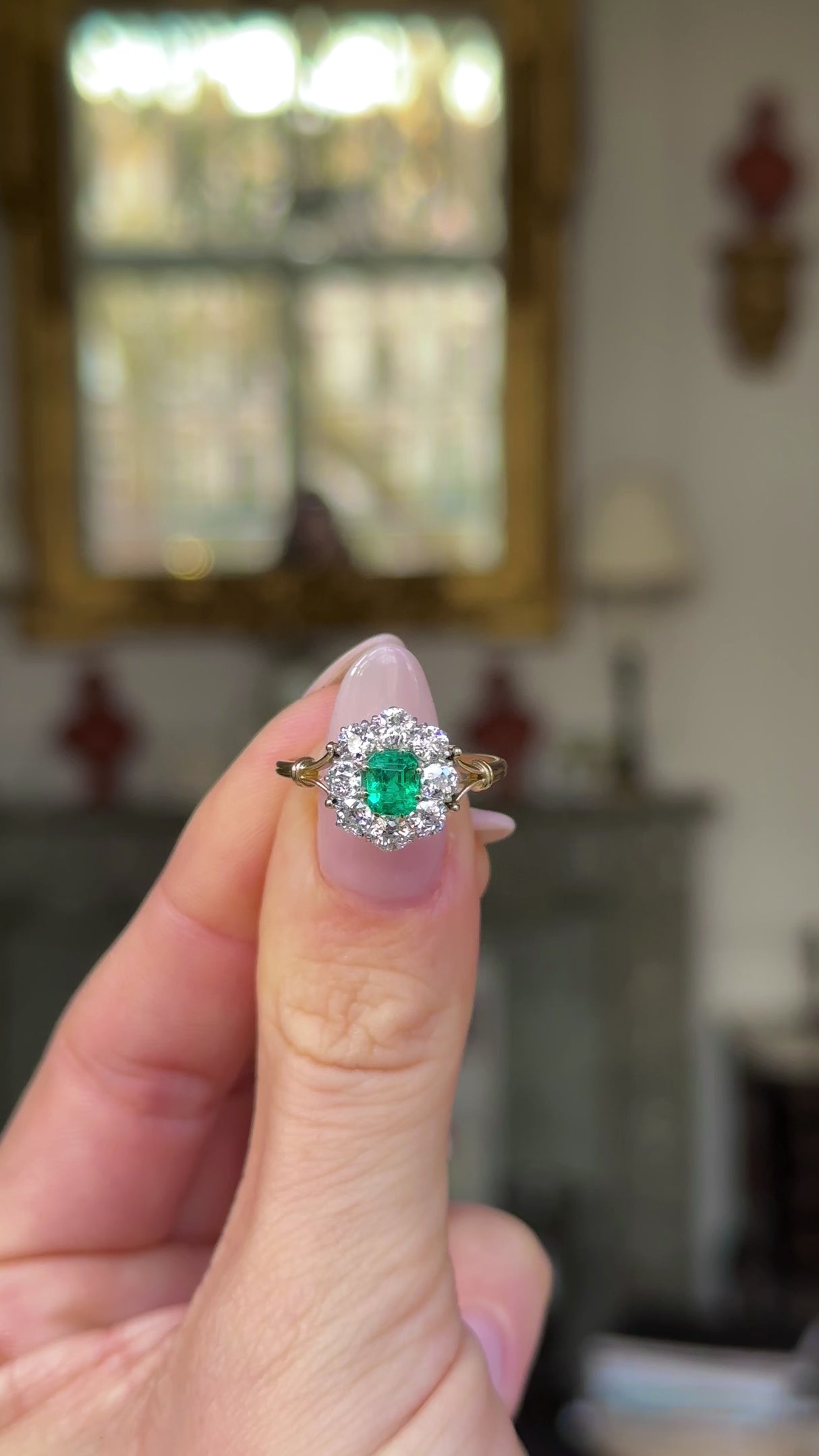 Antique, Edwardian emerald & diamond cluster ring, 18ct yellow gold