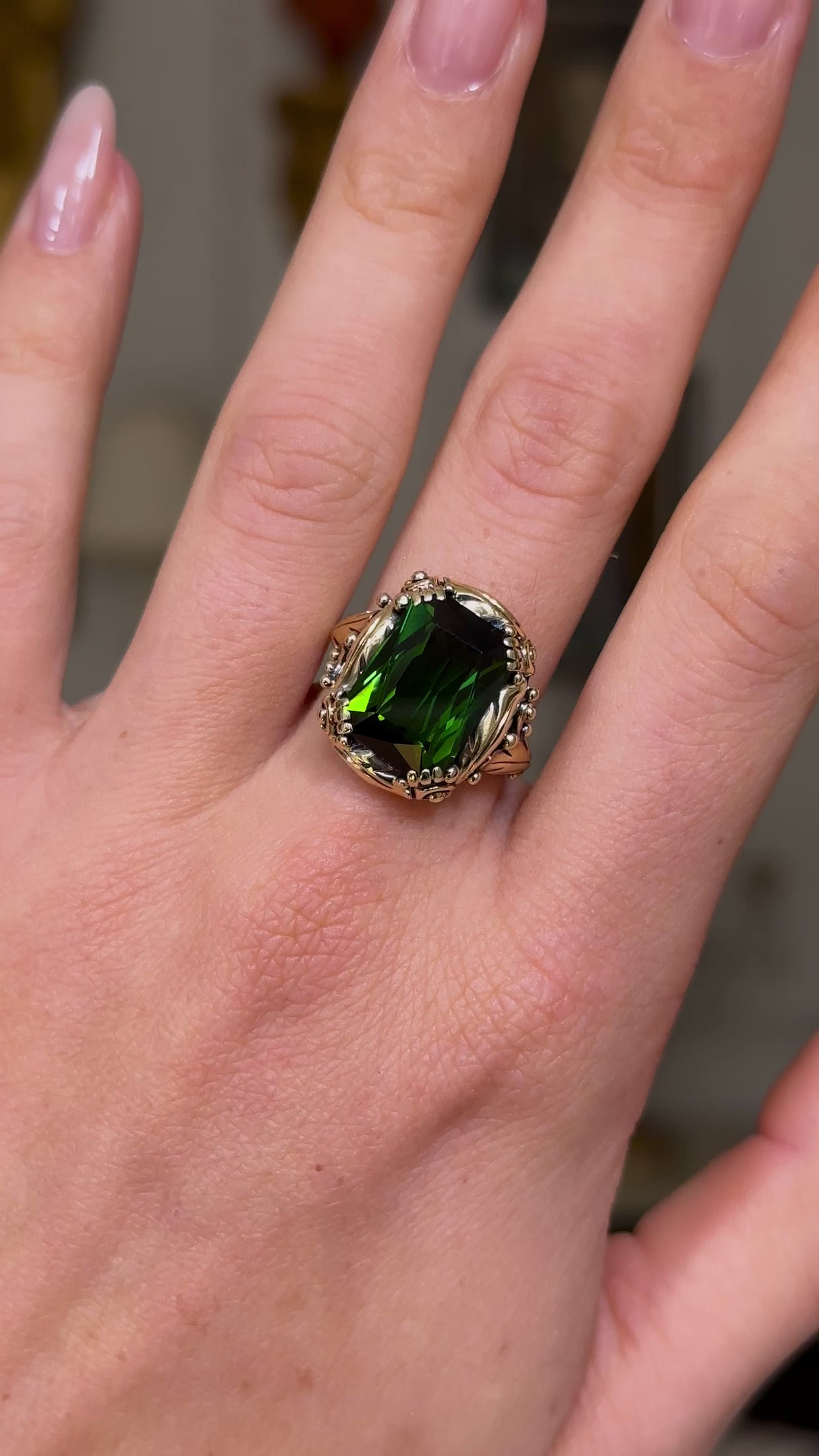 Antique, Art Nouveau, chrome green tourmaline ring