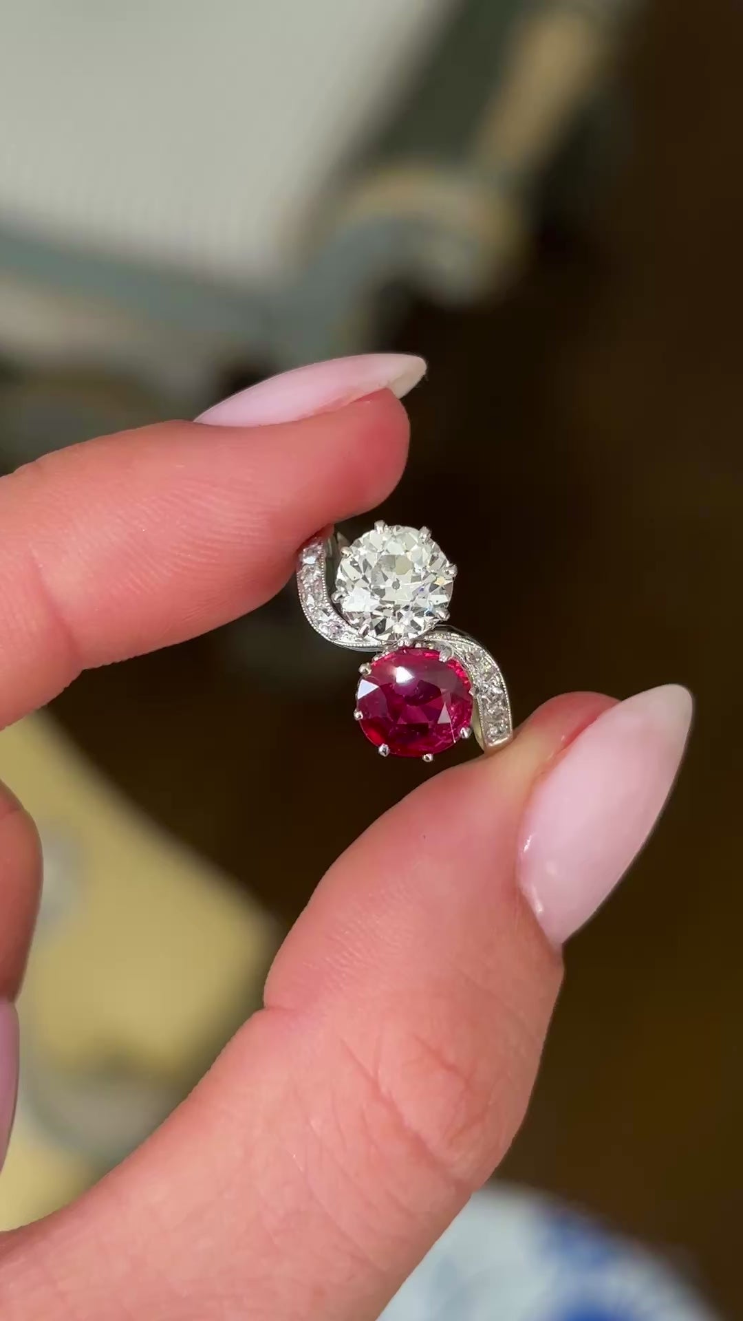 Antique, 1930s ruby & diamond toi et moi ring