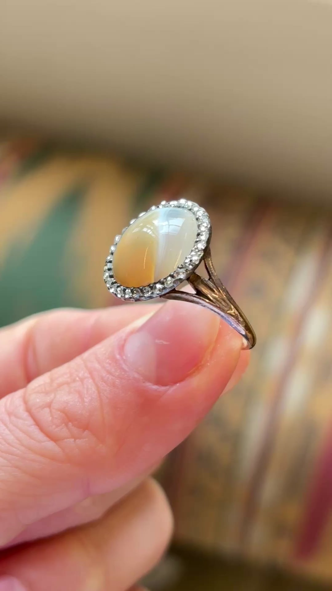 Antique, Georgian bi-colour agate & diamond cluster ring