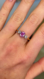 Vintage, pink sapphire & diamond three-stone ring, 18ct yellow gold