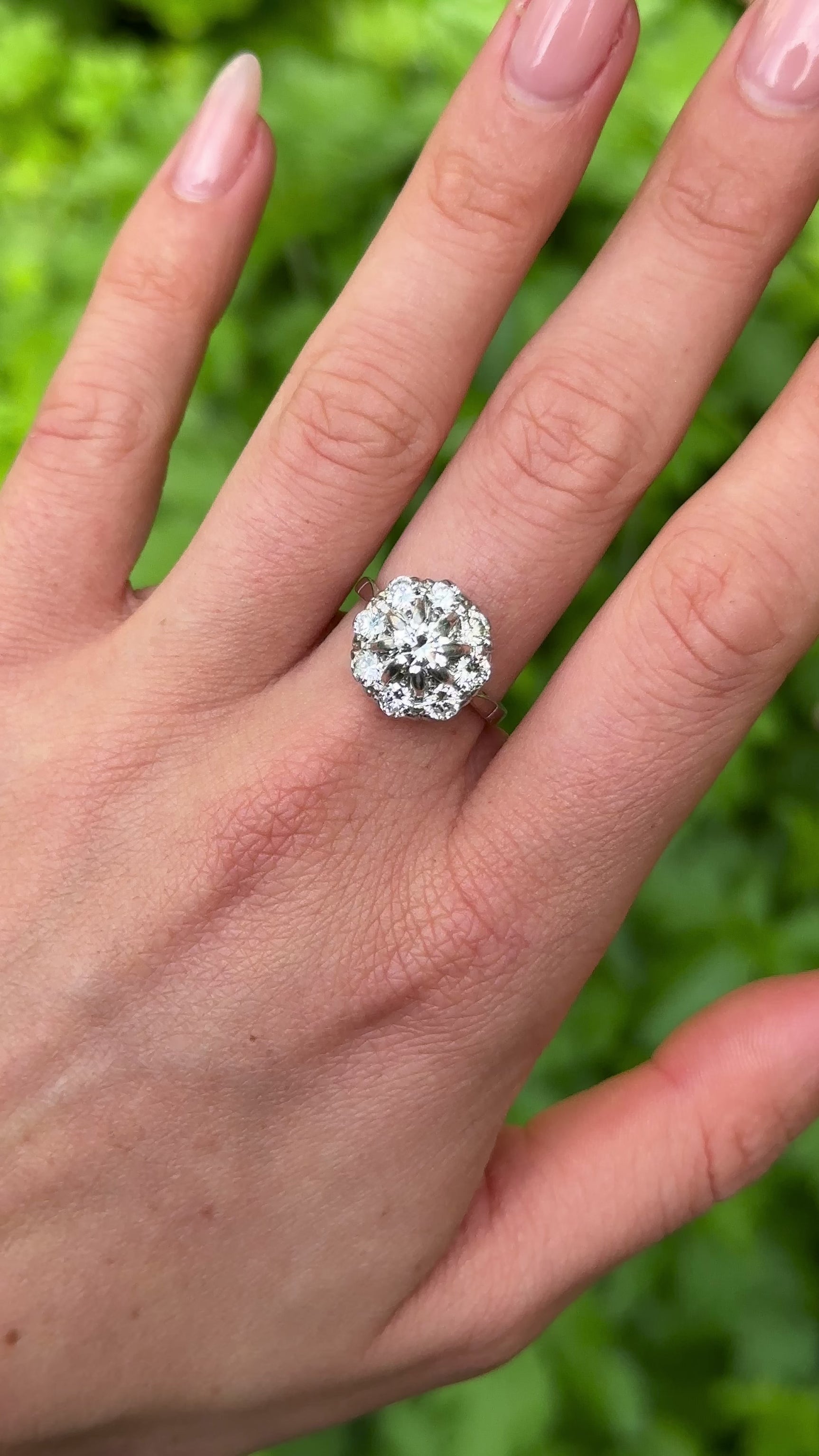 Vintage, Diamond Cluster Engagement Ring, 18ct White GoldVintage, Diamond Cluster Engagement Ring, 18ct White Gold worn on hand.