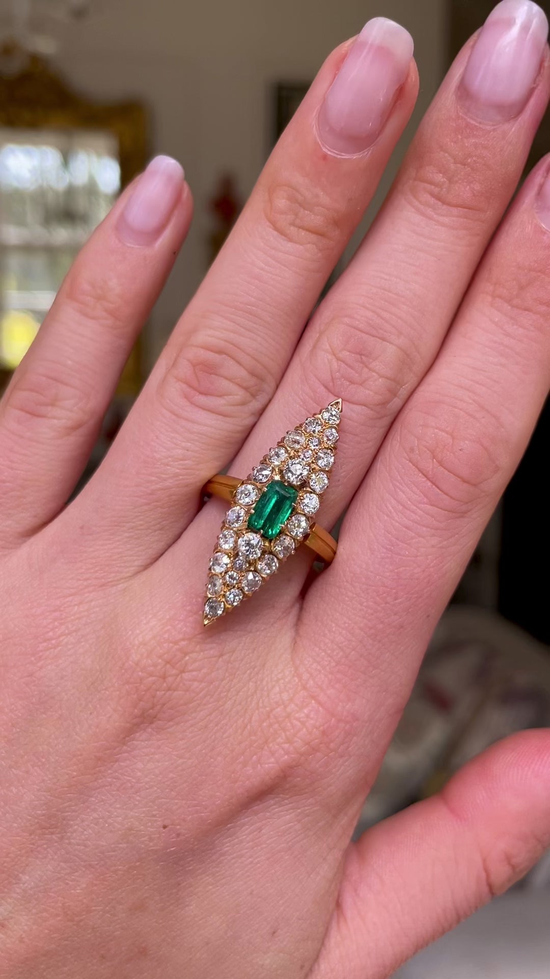 Belle Époque, French, emerald & diamond marquise cluster ring, original box