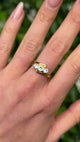 Vintage, 1967 Three-Stone White Sapphire Engagement Ring, 18ct Yellow Gold worn on hand.