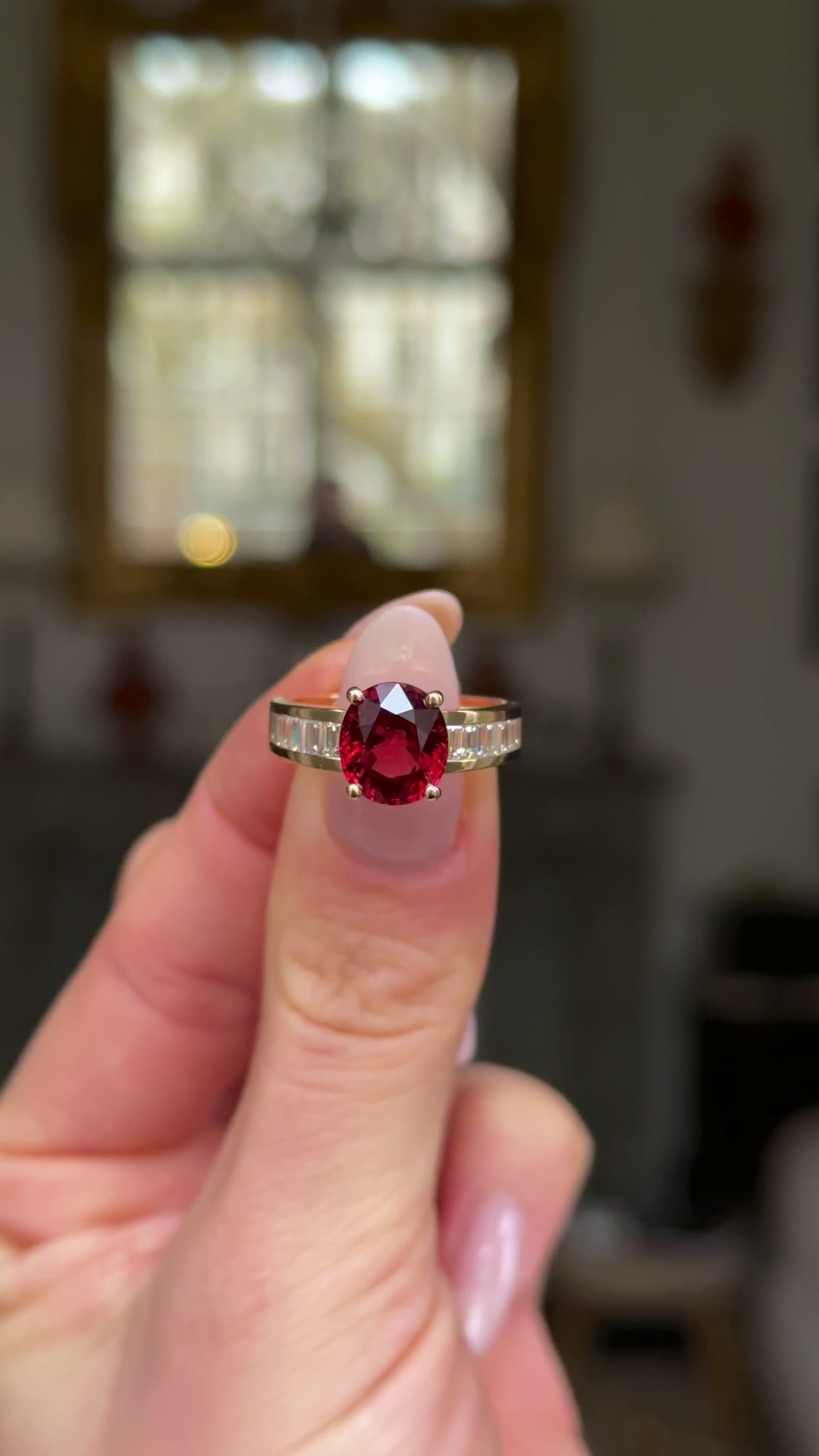 Art Deco spinel and diamond ring held in fingers and moved around to give perspective.