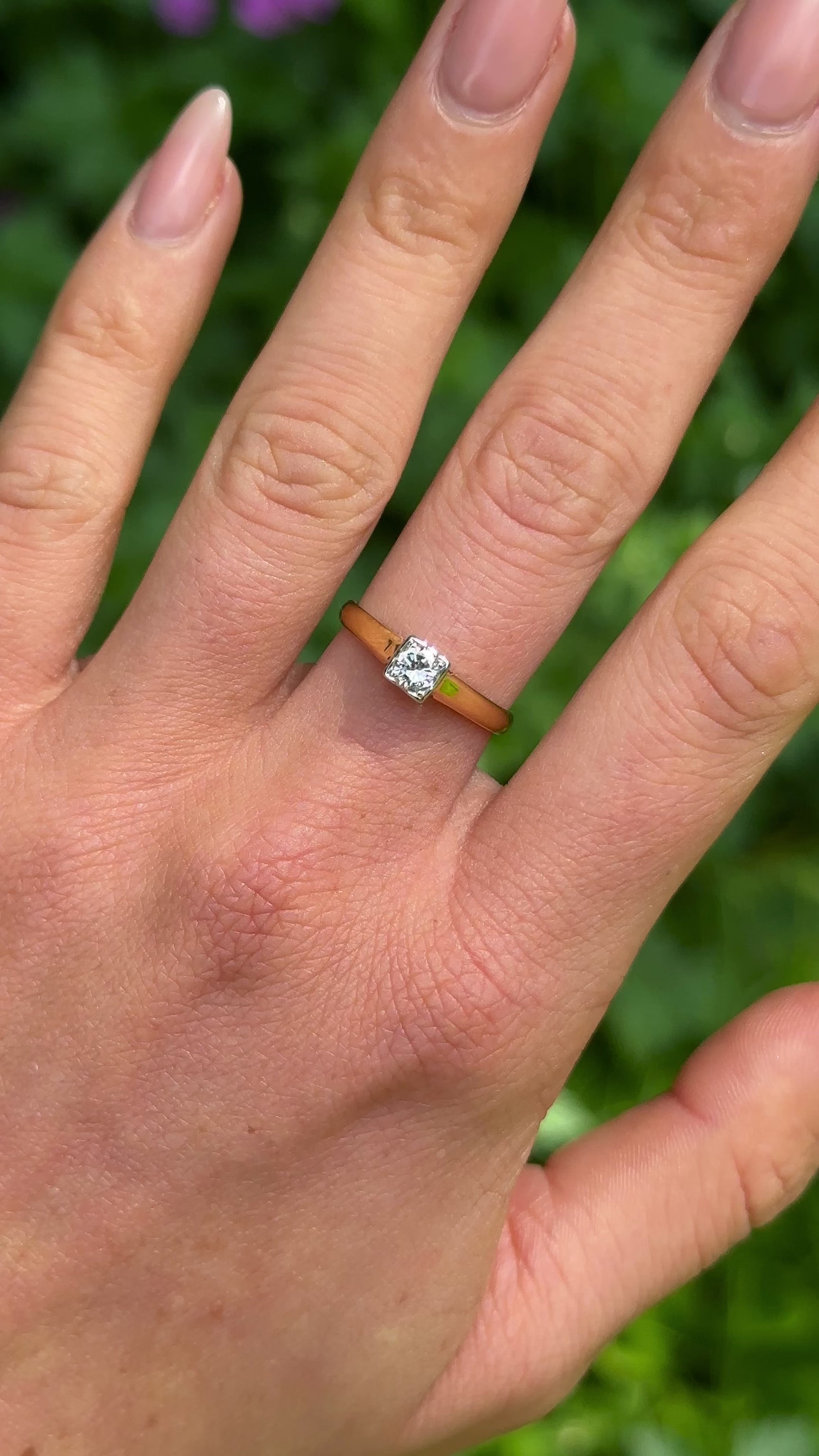 Vintage Solitaire Diamond Engagement Ring, 18ct Yellow Gold and Platinum worn on hand.