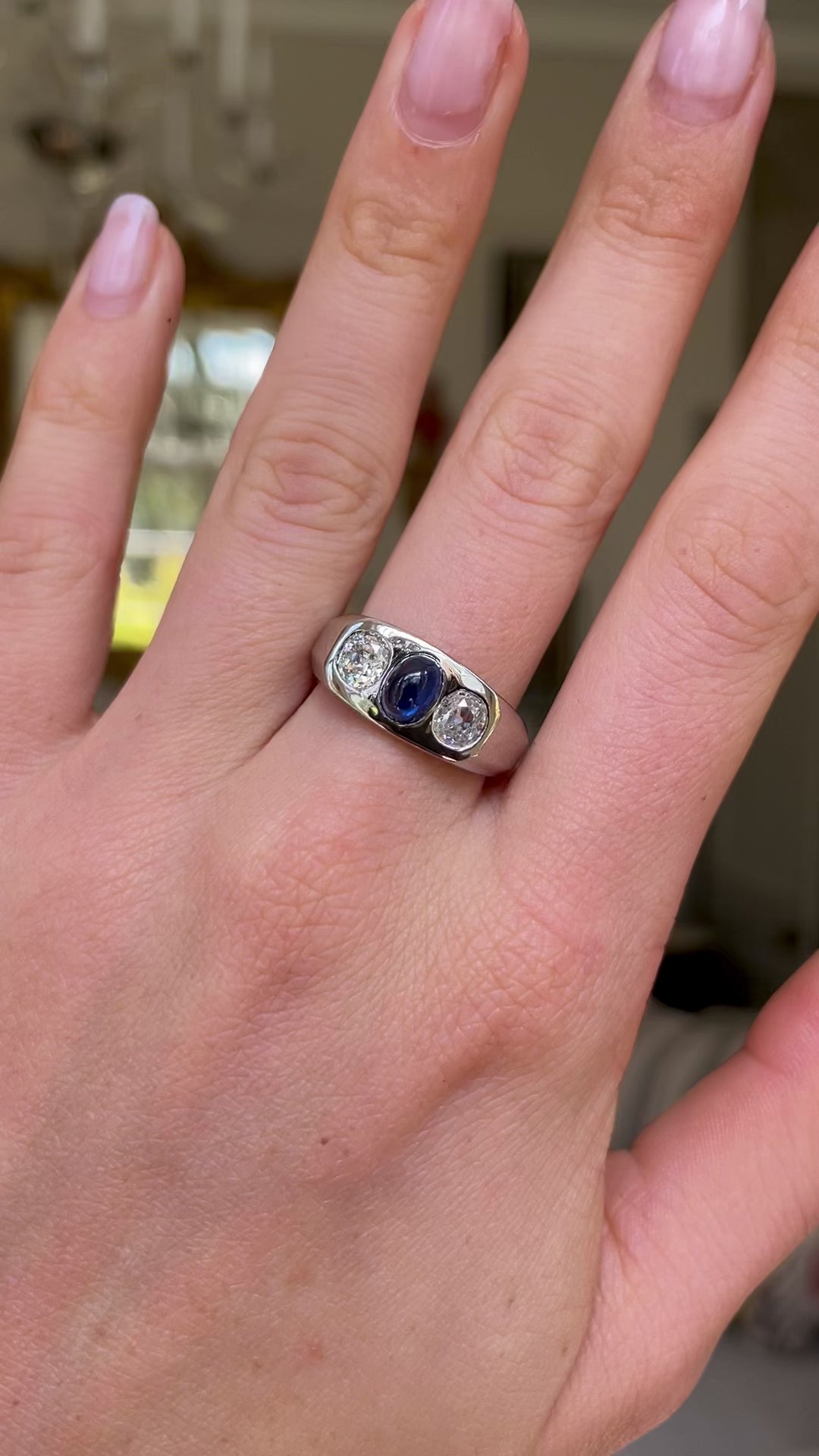 1920s Cabochon Sapphire and Diamond Three Stone Gypsy Ring, Platinum