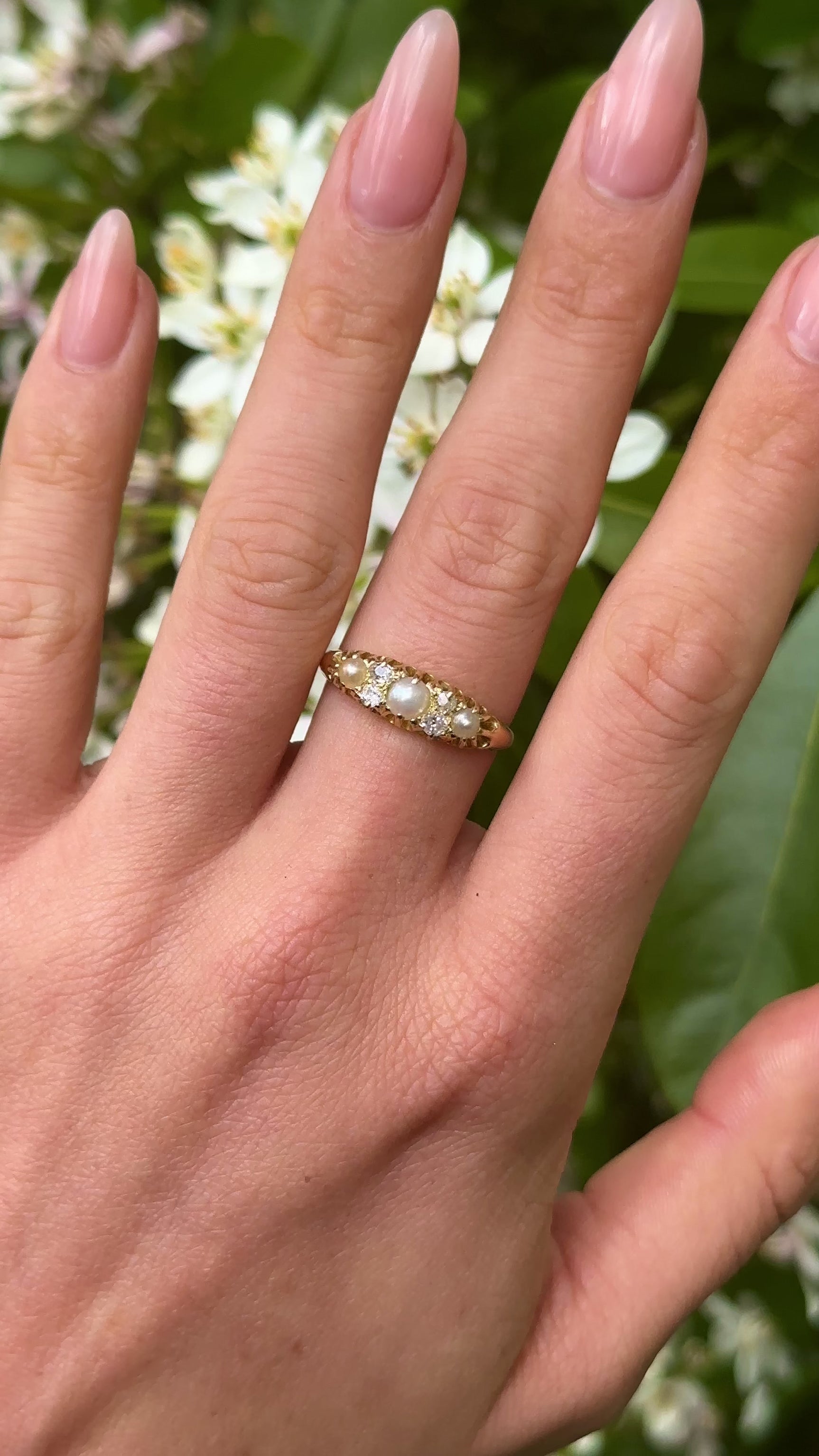 Antique, Edwardian Pearl and Diamond Half Hoop Ring, 18ct Yellow Gold worn on hand.