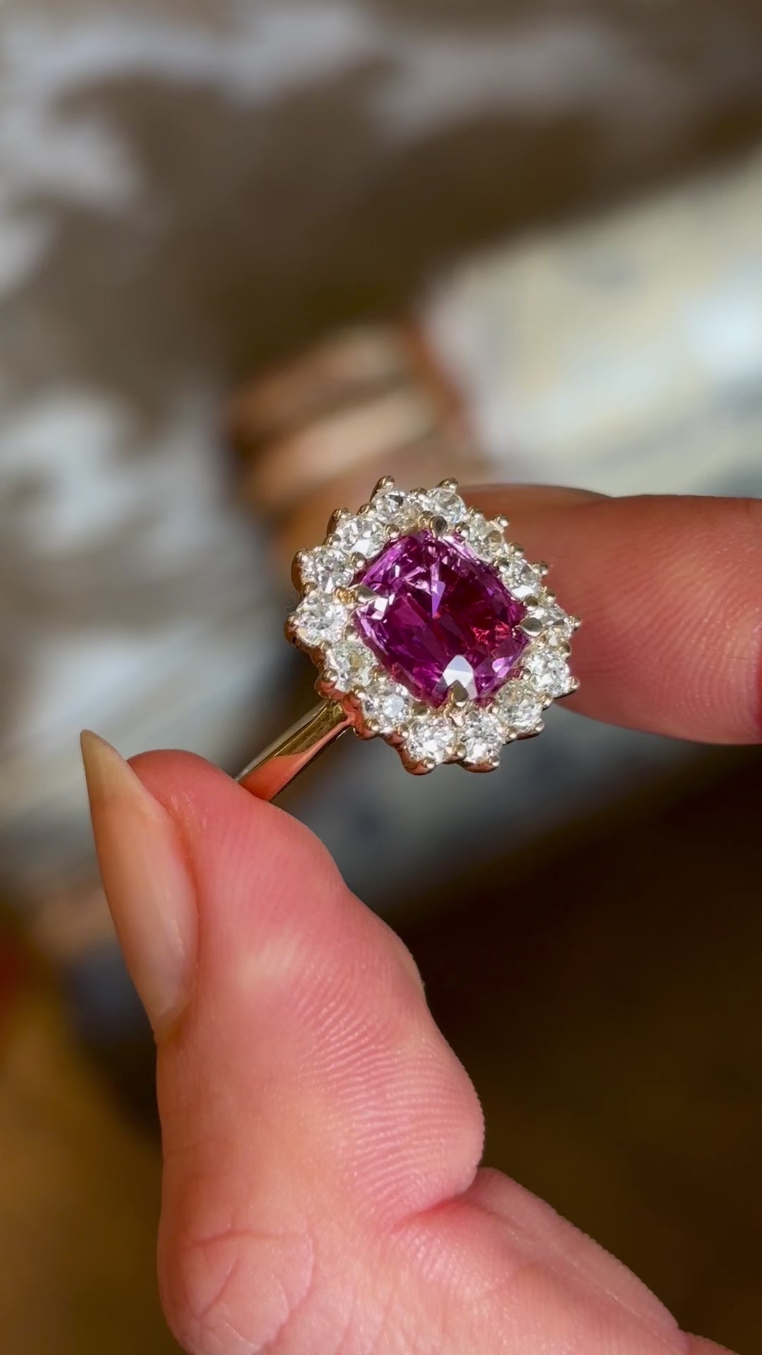 Pink Sapphire & Diamond Cluster Engagement Ring