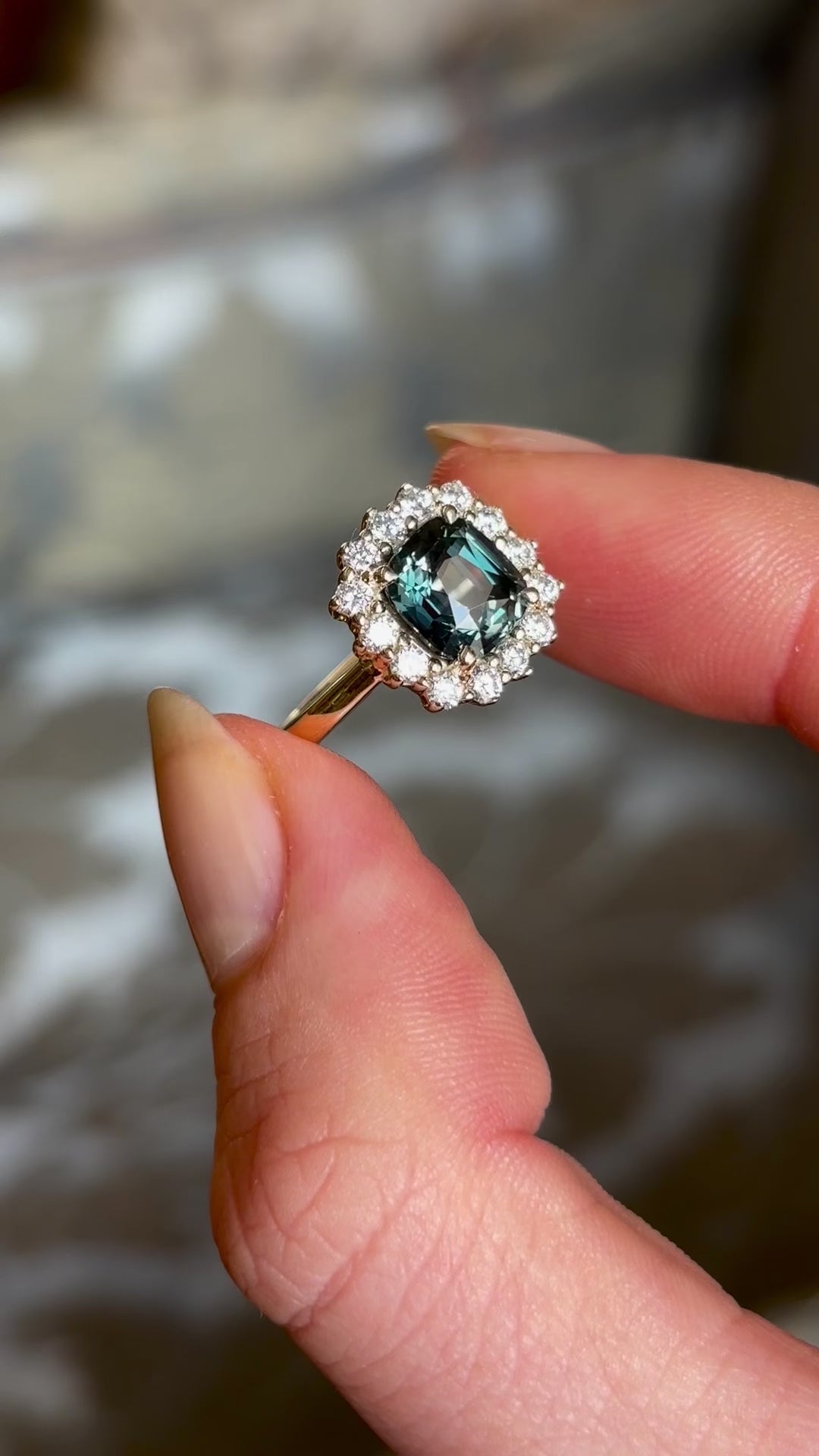 Green Sapphire and Diamond Cluster Engagement Ring
