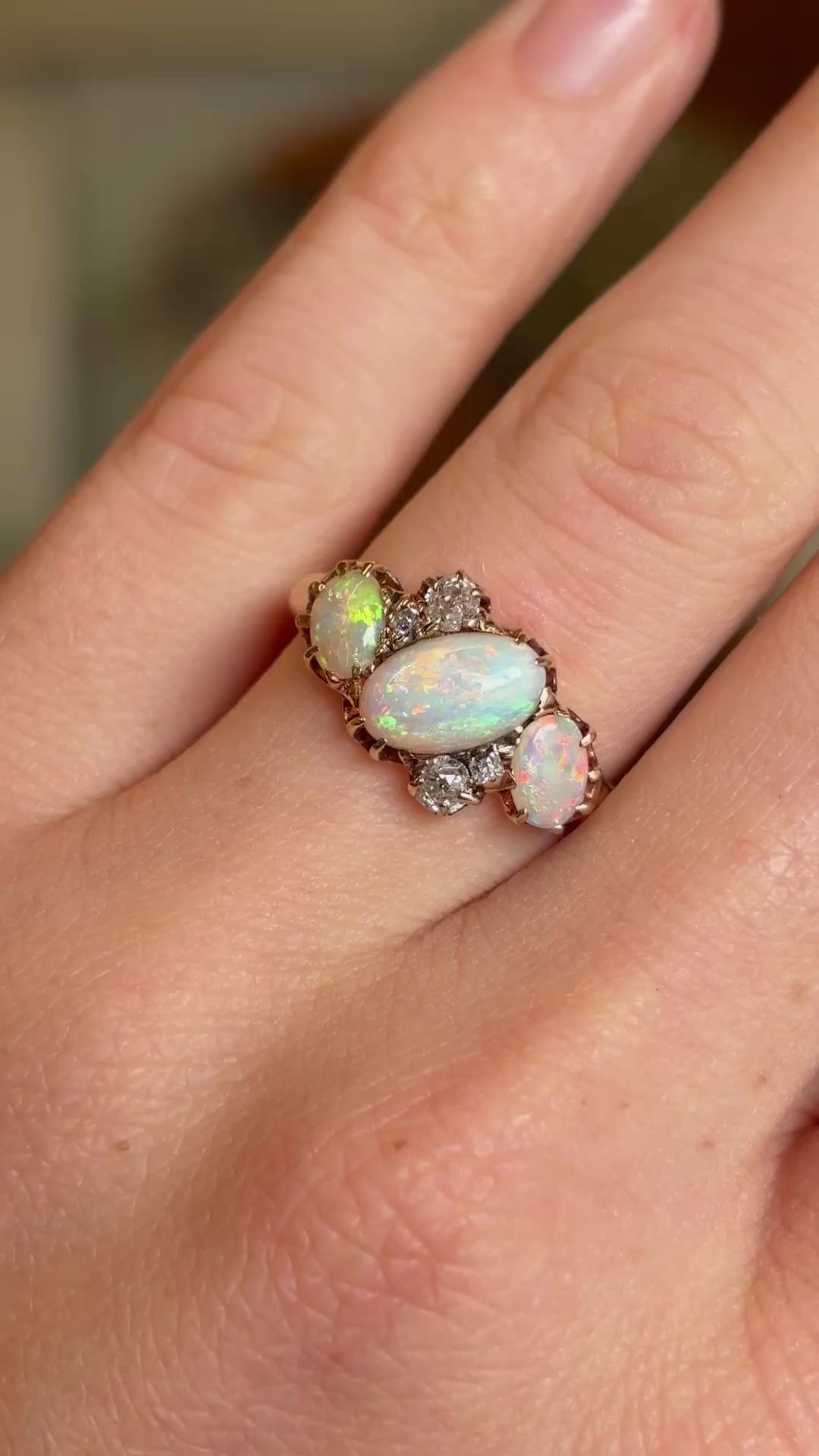 Vintage, Art Deco opal & diamond three-stone ring, 18ct yellow gold