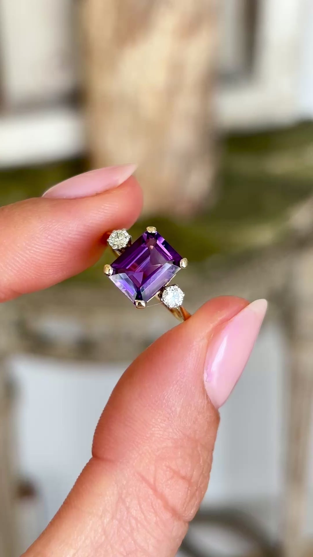 Vintage, 1950s amethyst & diamond three-stone ring