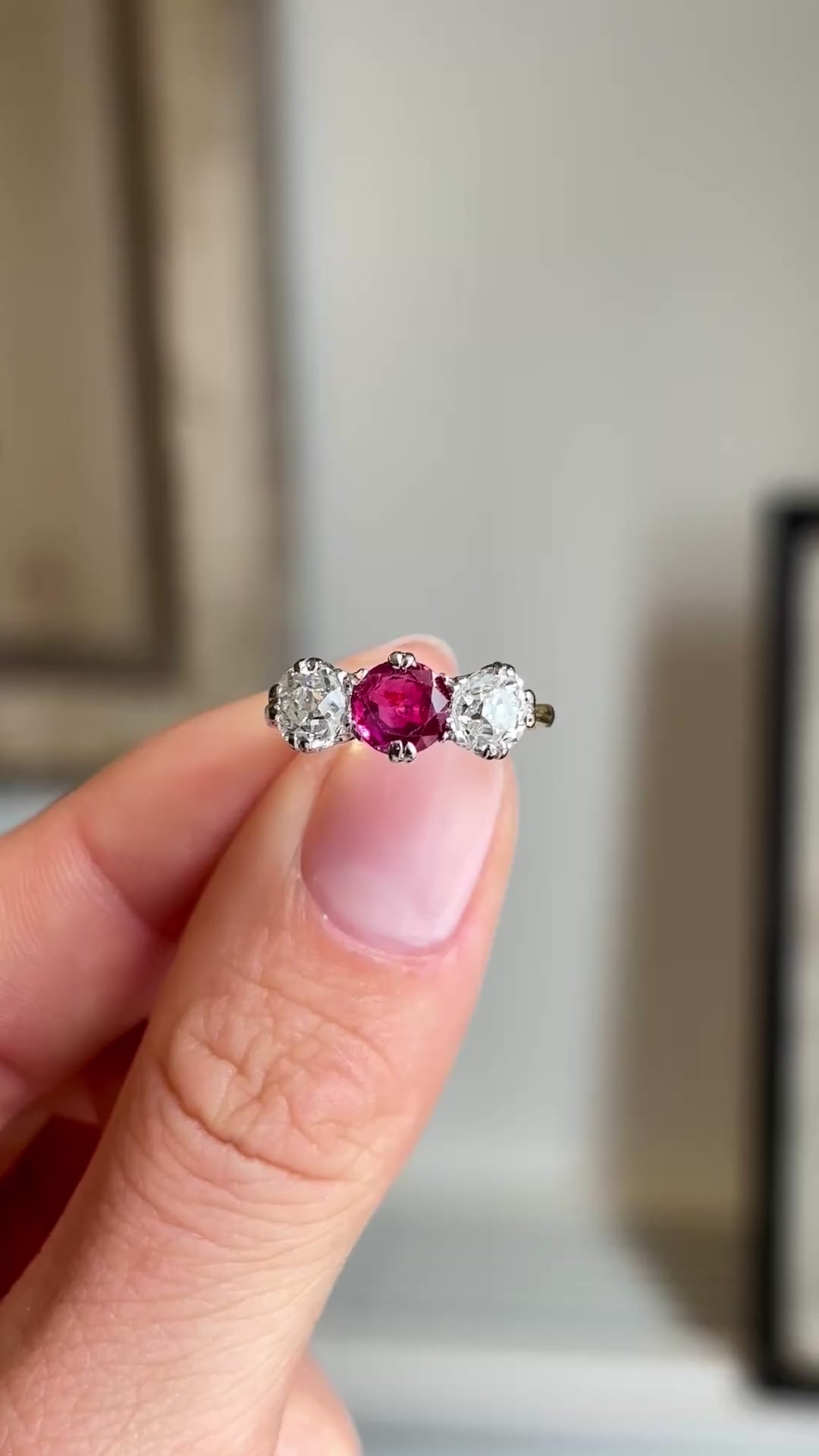 Antique, Edwardian Burmese ruby and diamond three-stone engagement ring