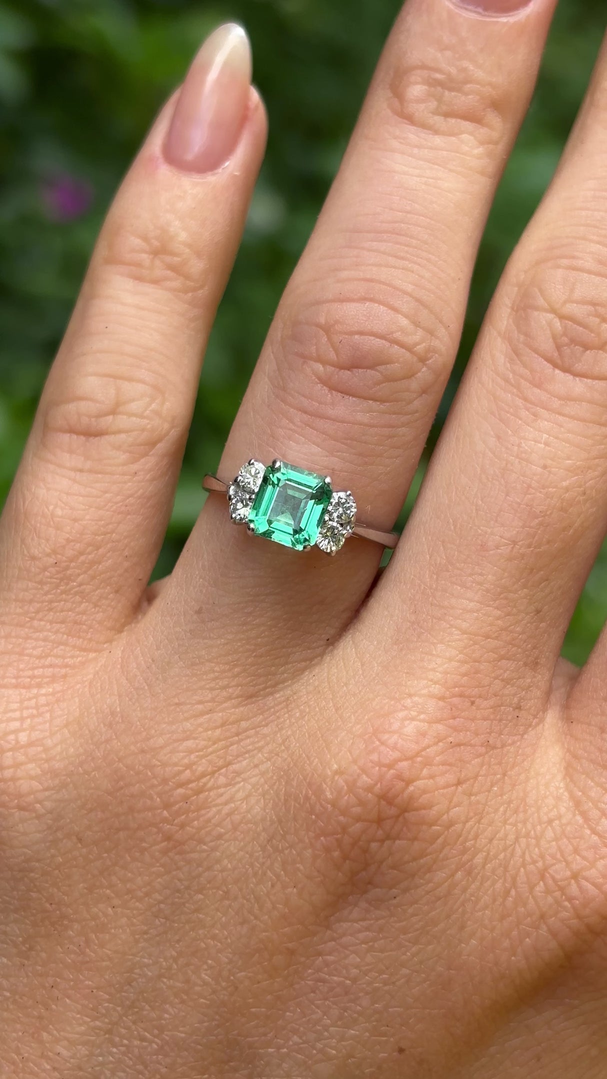 Vintage, 1970s emerald & diamond ring, 18ct white gold worn on hand.