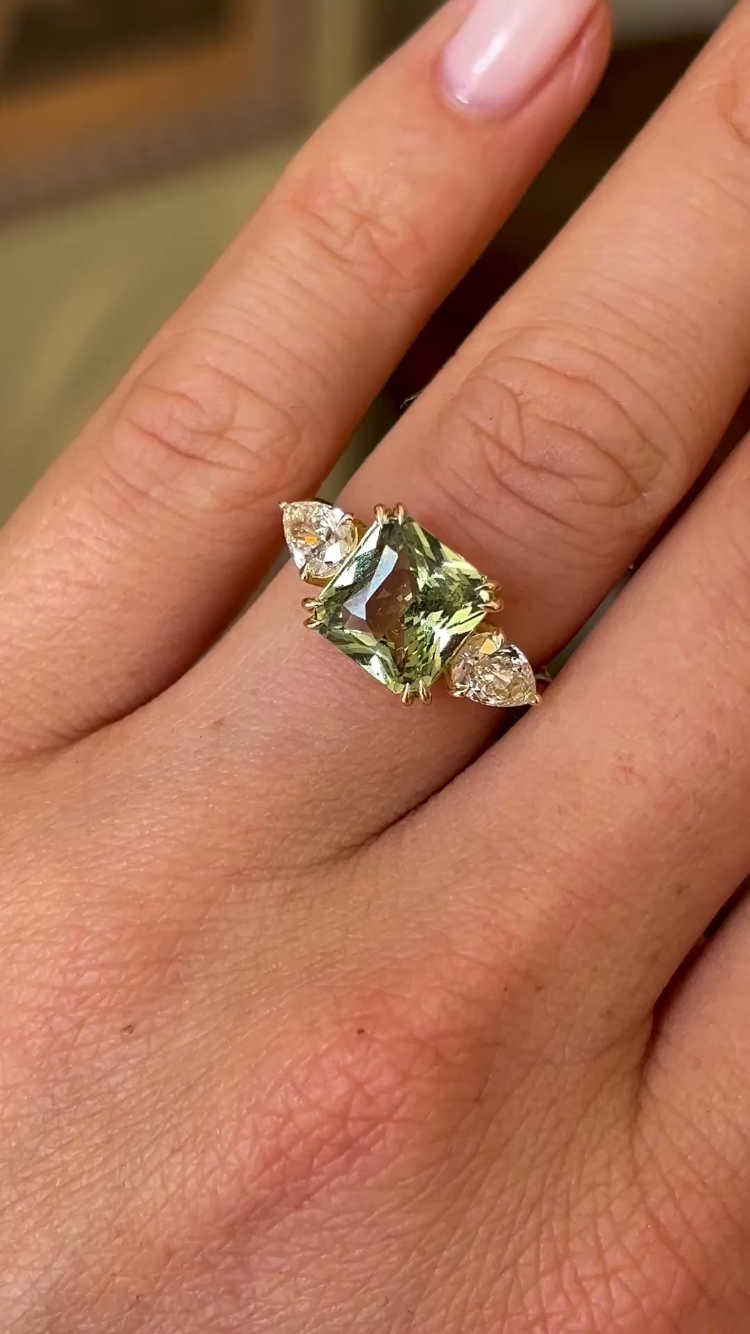 Vintage, green sapphire & diamond three-stone ring