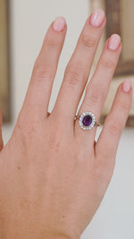Video of the antique amethyst and diamond ring being worn, showing its colour, presence and refined Edwardian proportions.