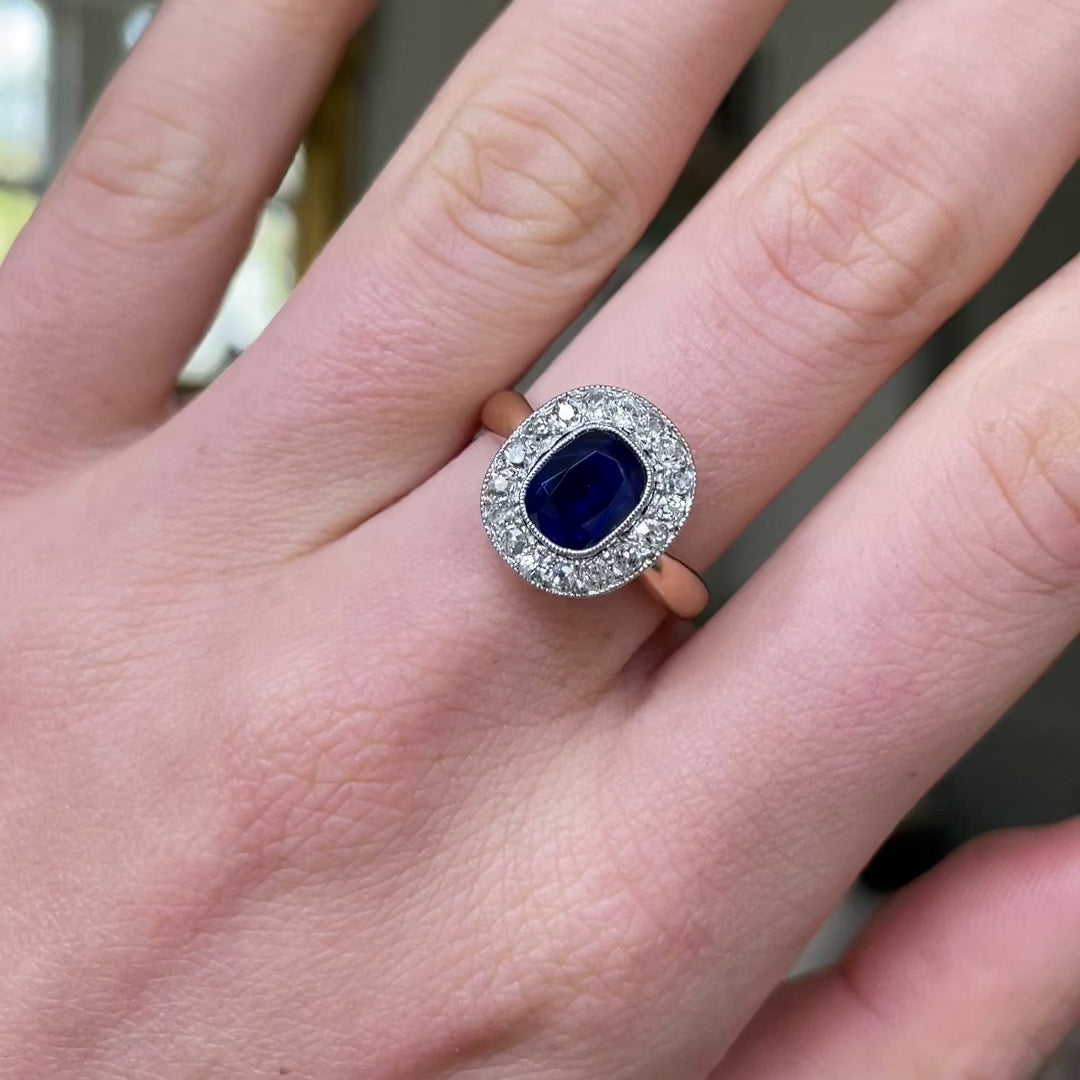 Antique royal blue sapphire & diamond cluster engagement ring
