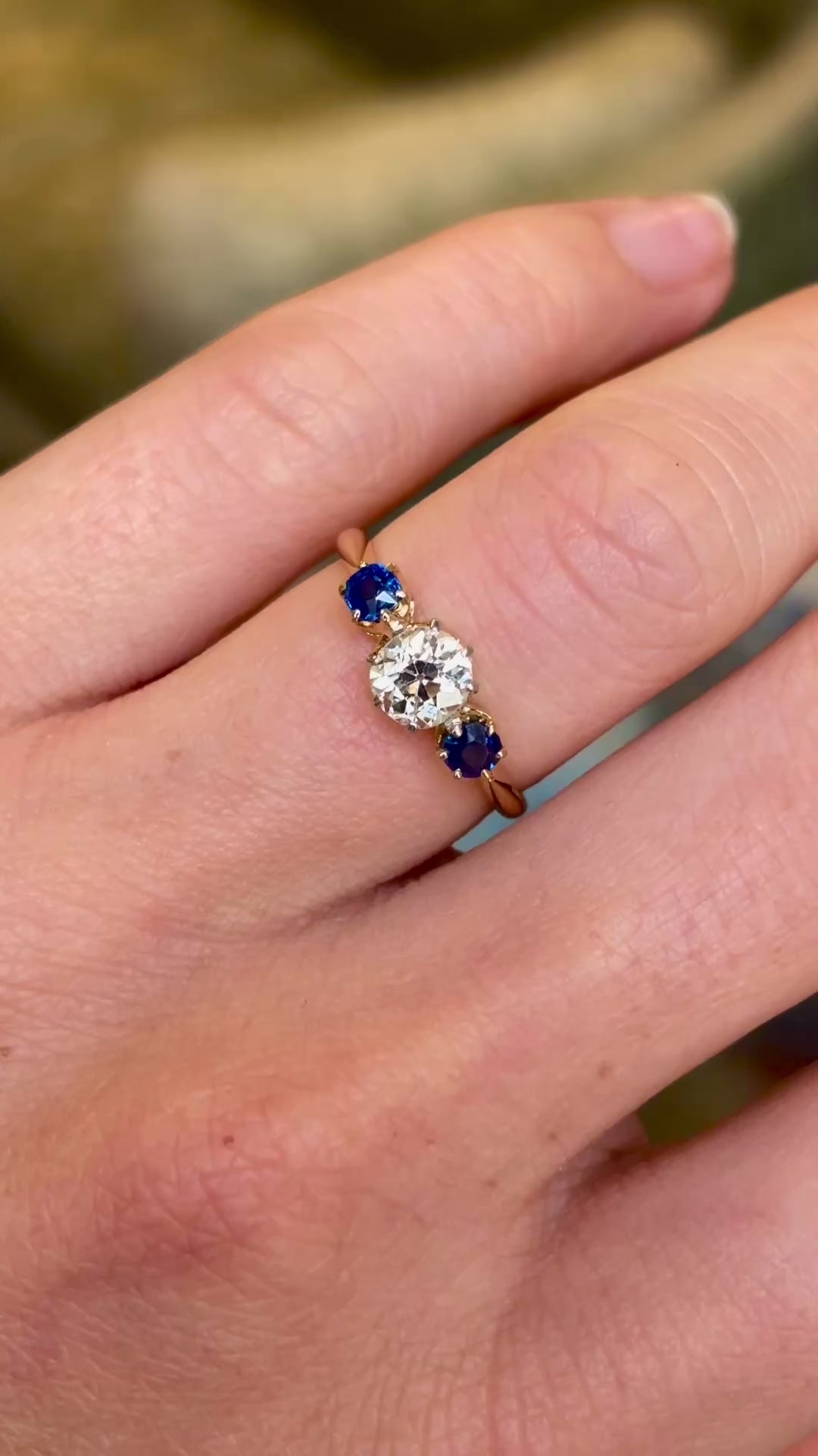 Antique, Edwardian old-cut diamond & sapphire three-stone ring