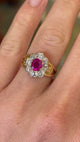 Edwardian oval Burmese pink sapphire & diamond engagement cluster ring
