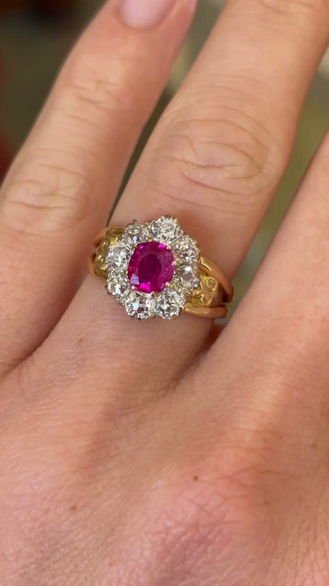 Edwardian oval Burmese pink sapphire & diamond engagement cluster ring
