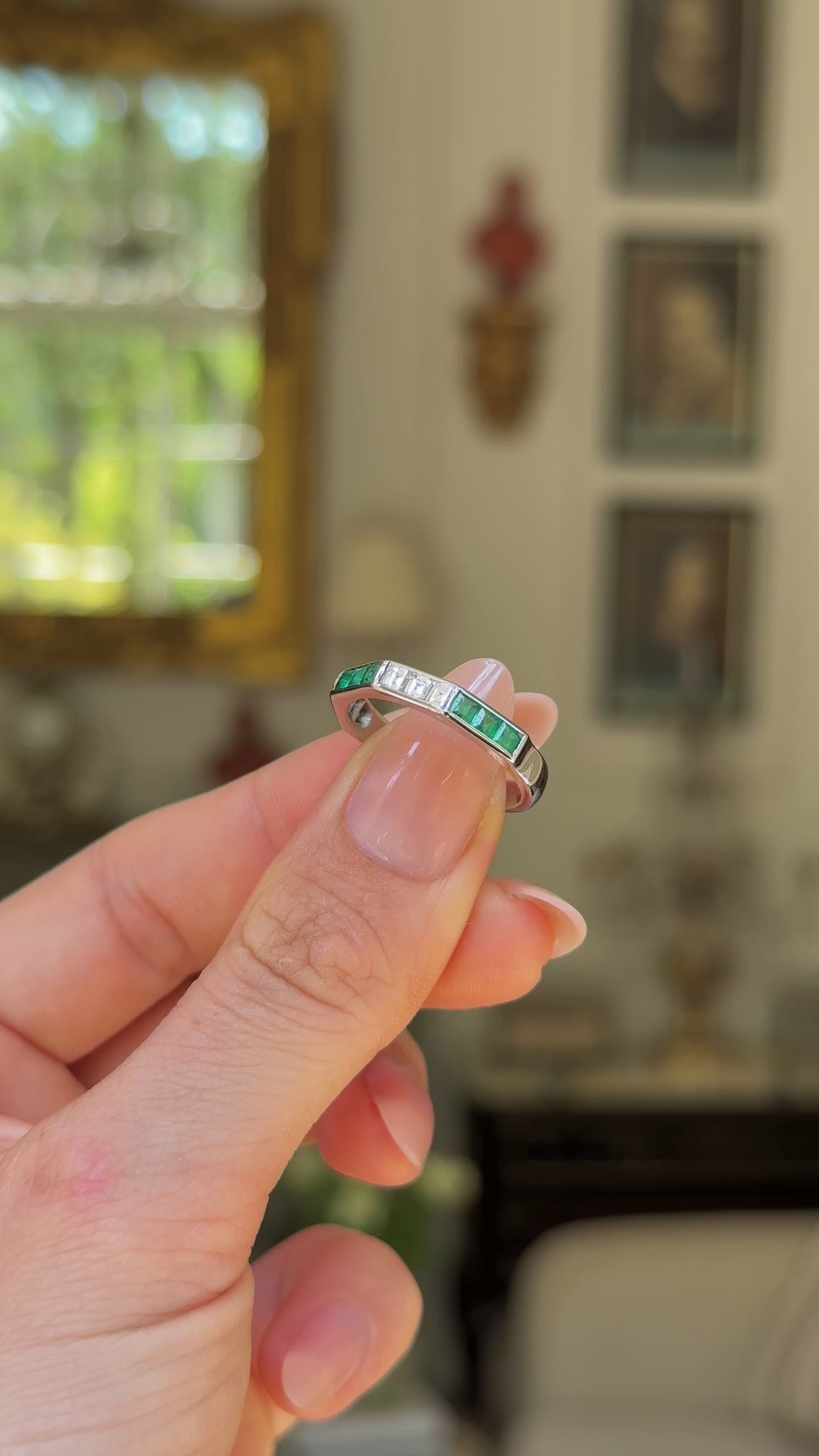 Emerald & diamond half-eternity ring, 18ct white gold