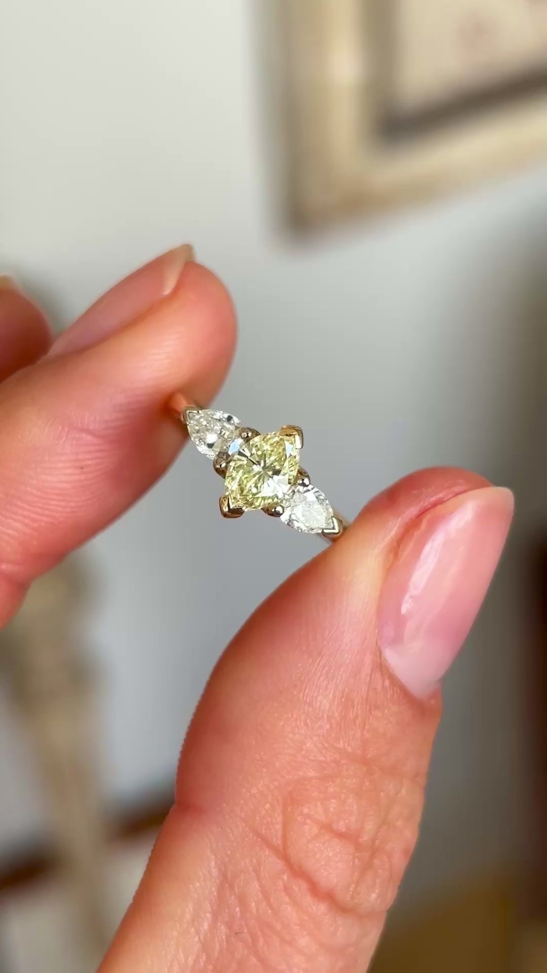 Vintage, yellow & white diamond three-stone ring