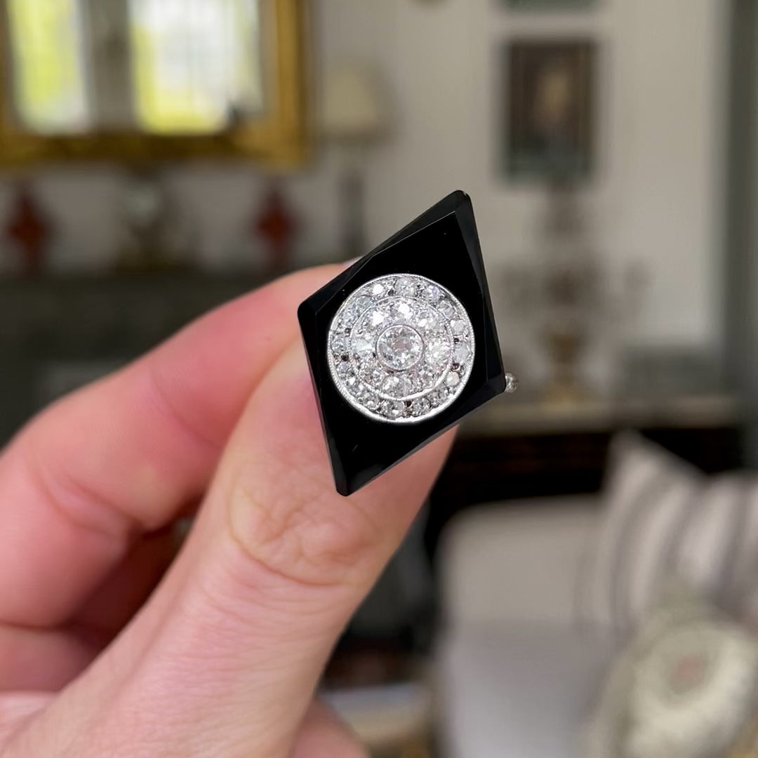 Art Deco, Platinum, Onyx and Diamond Kite-Shaped Cocktail Ring