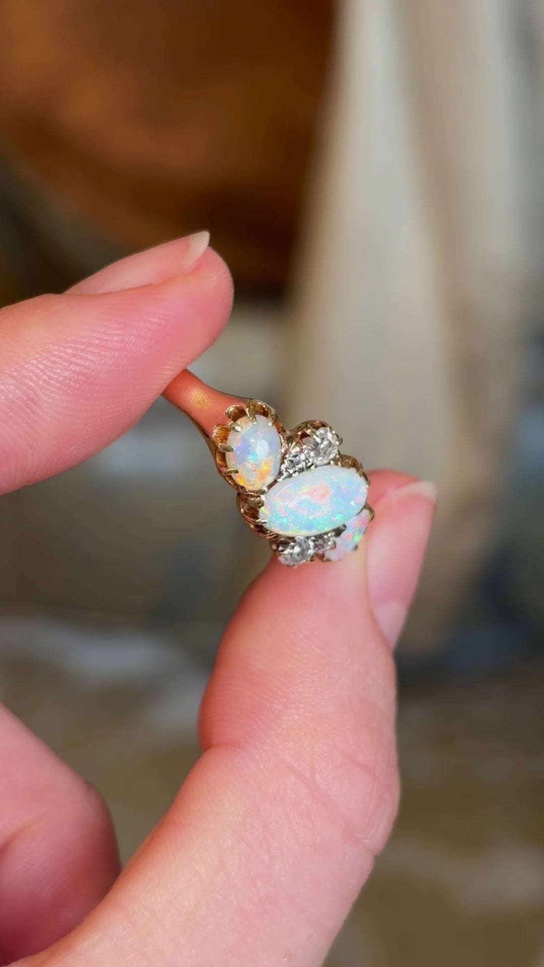 Vintage, Art Deco opal & diamond three-stone ring, 18ct yellow gold