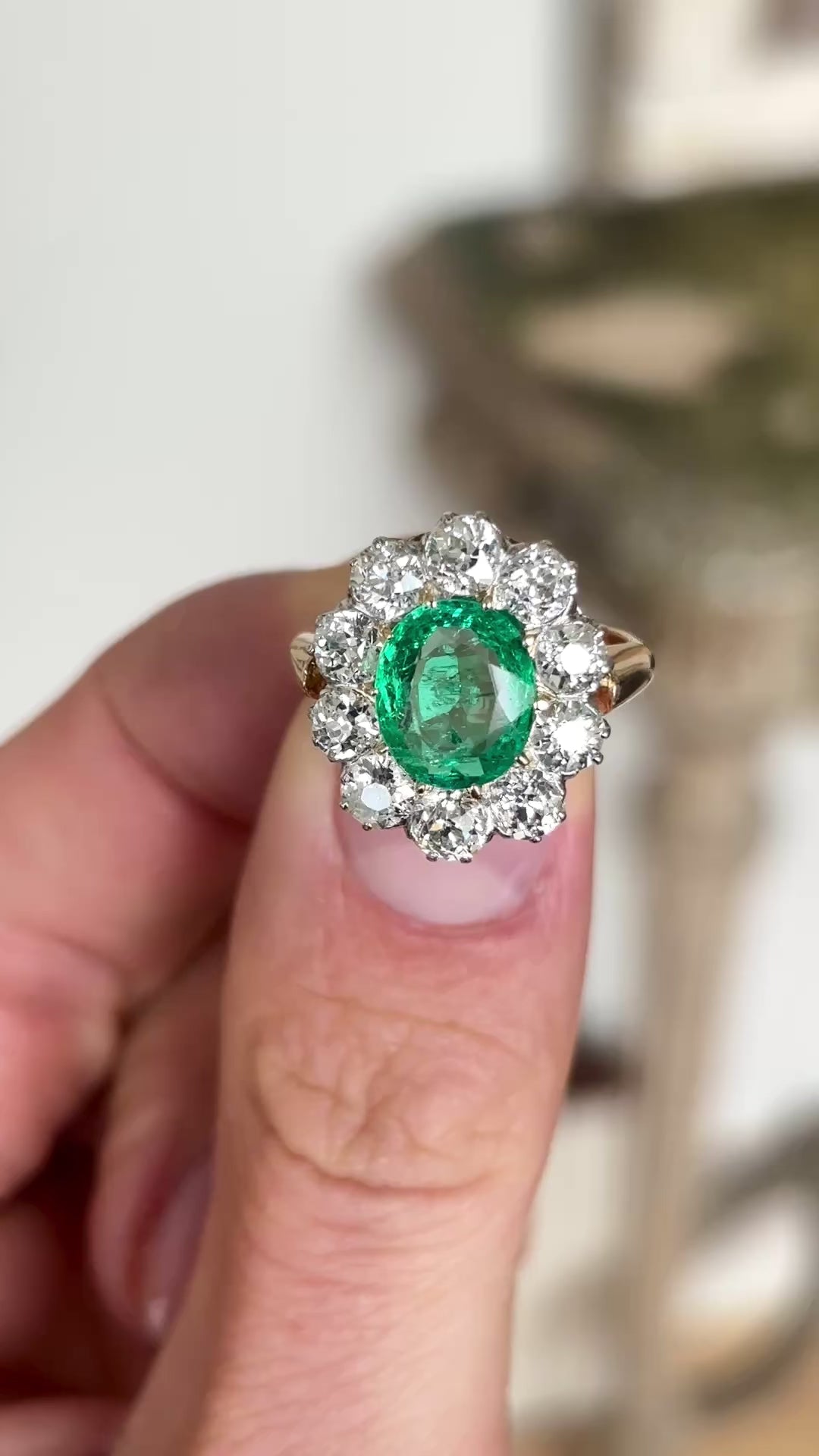2443-Antique, Edwardian emerald & diamond cluster ring