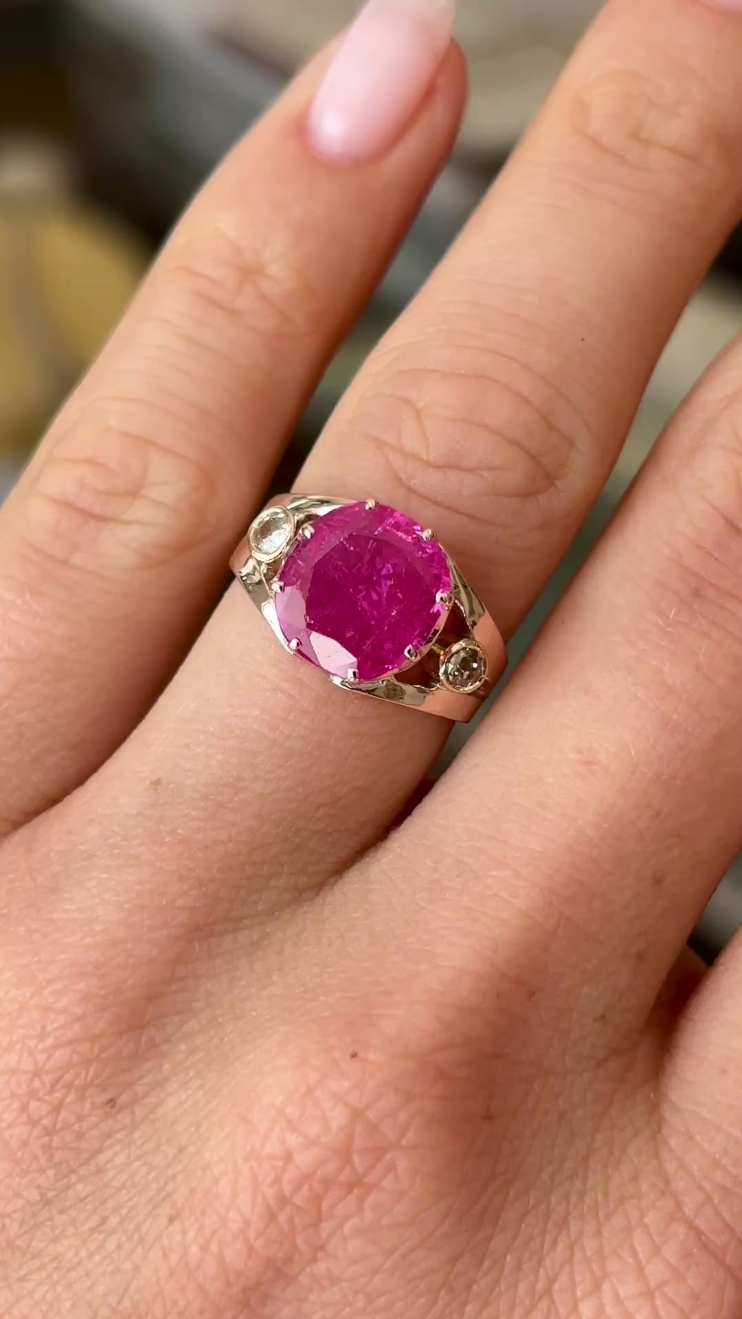 Antique, Victorian pink sapphire & diamond three-stone ring