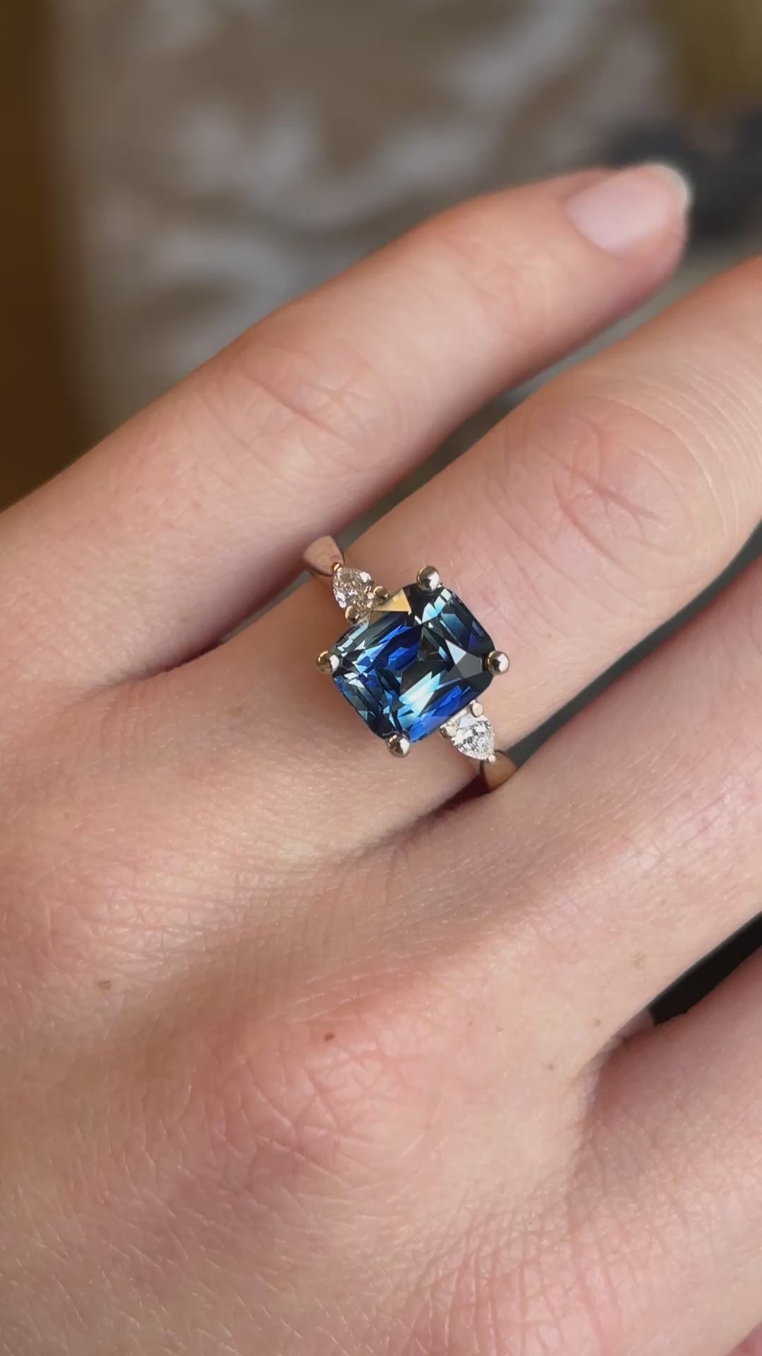 Bi-colour sapphire and diamond three-stone ring