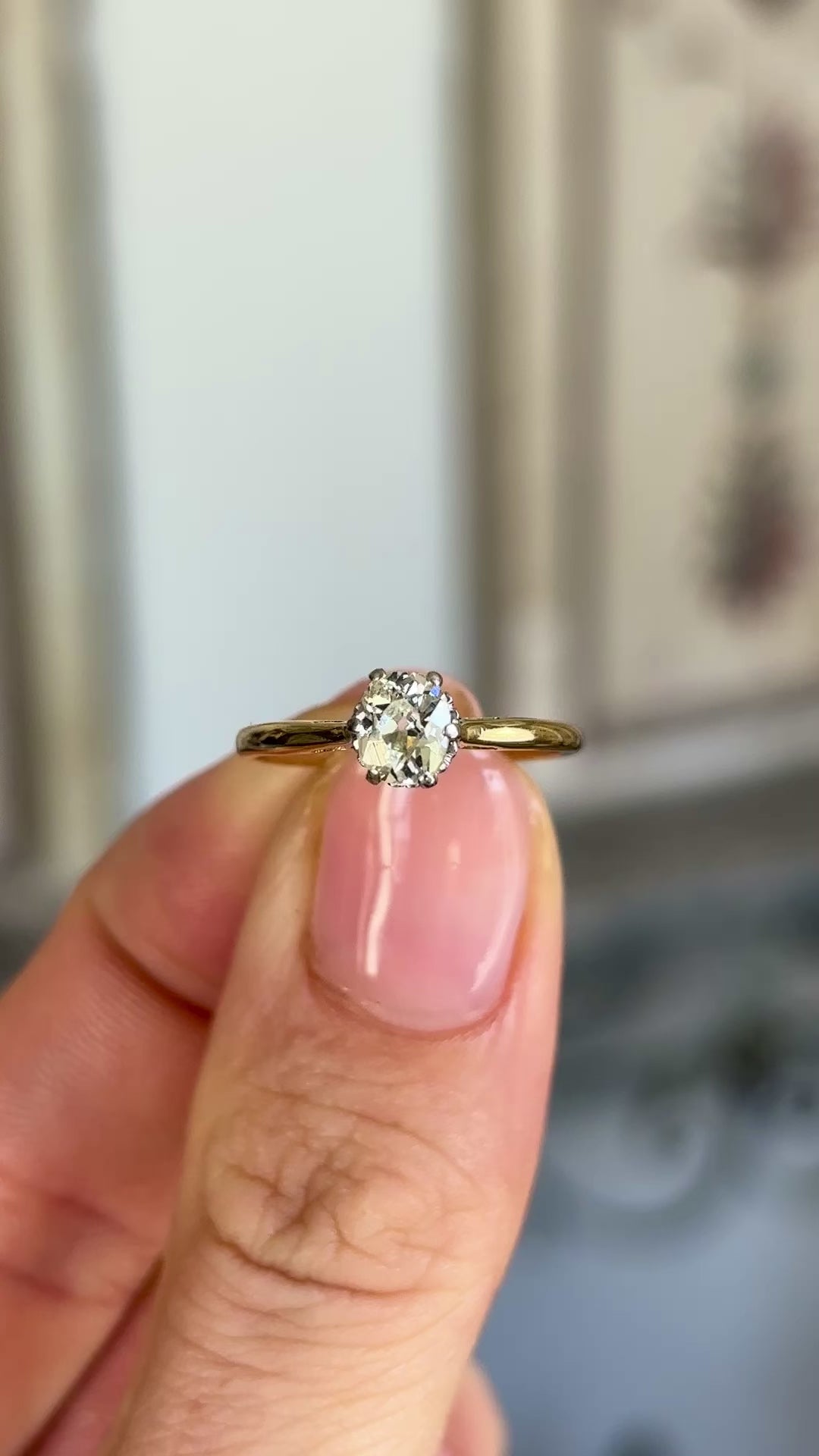 Vintage, old cushion-oval cut solitaire diamond ring
