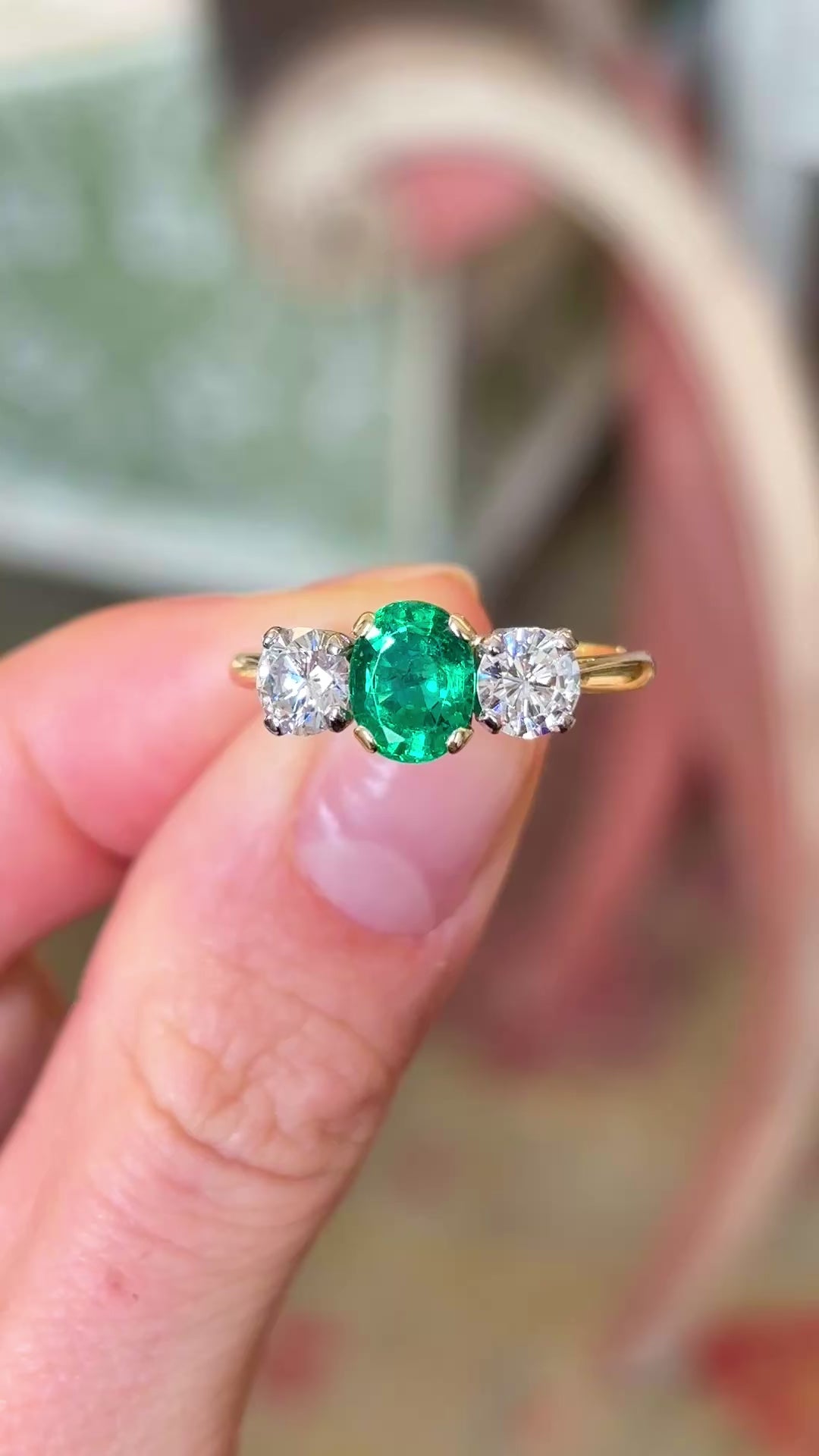 Vintage, 1970s emerald & diamond three-stone ring