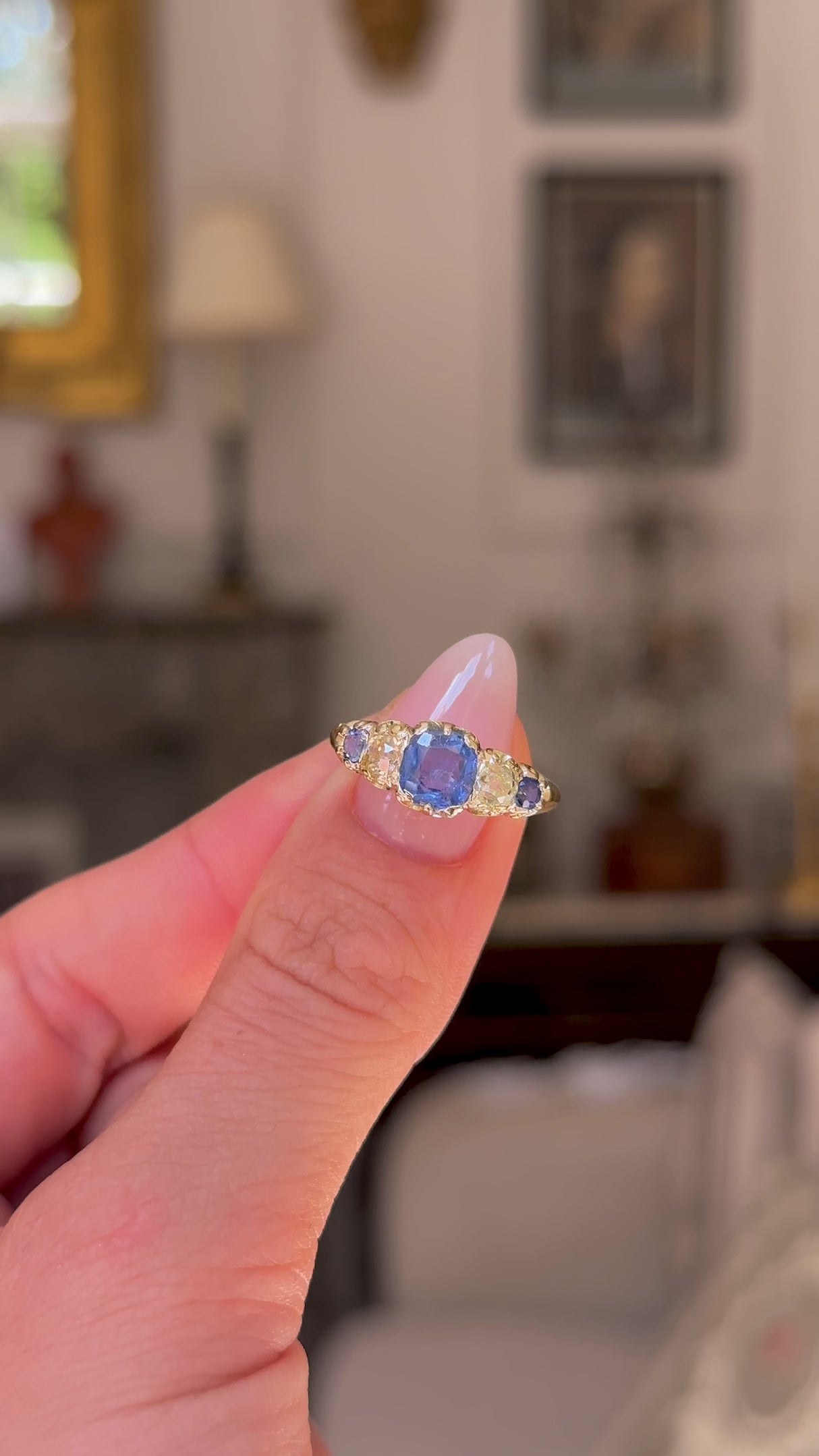 Antique, ceylon sapphire and diamond half hoop ring