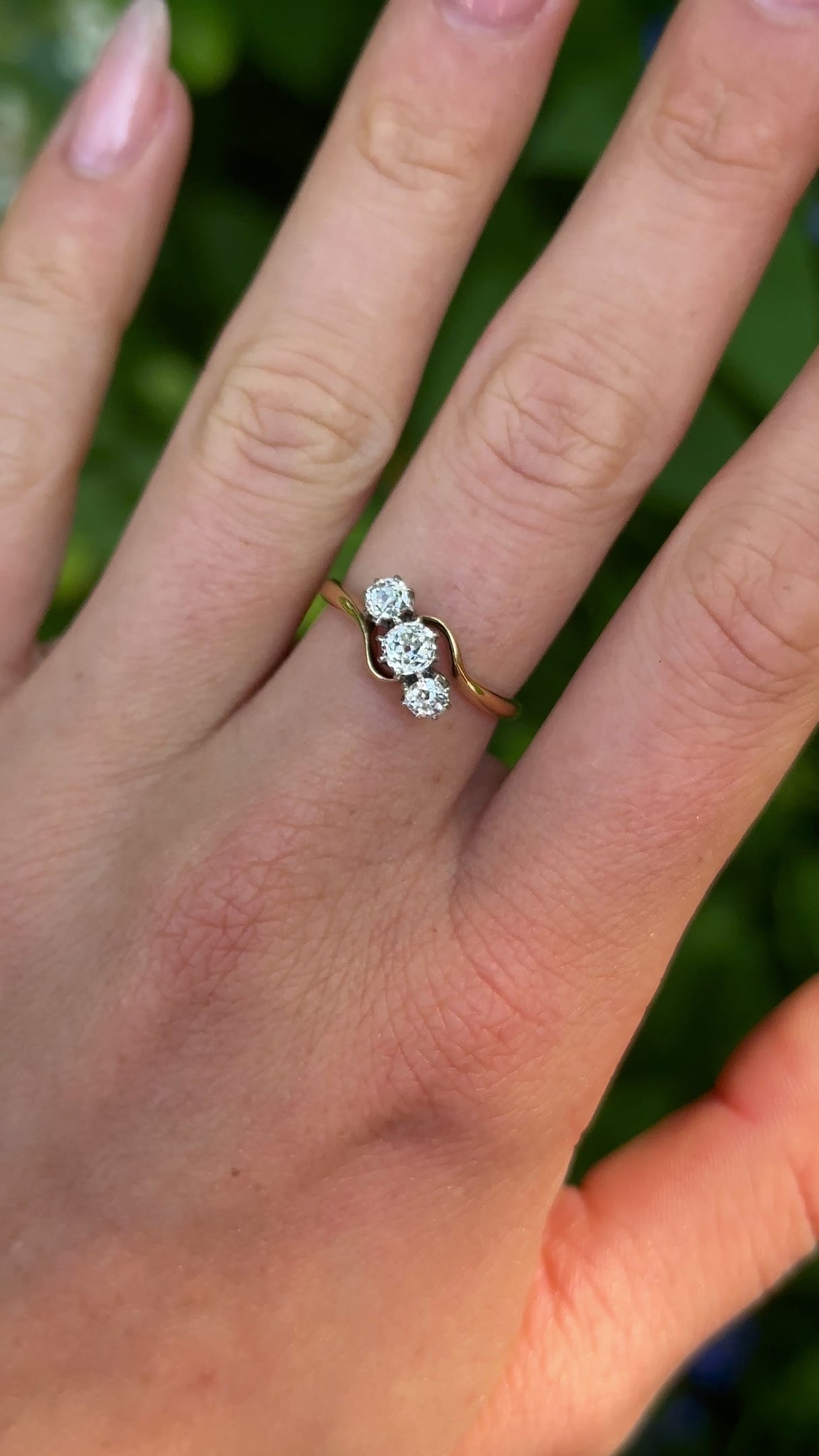 Antique, Edwardian Three Stone Diamond Engagement Ring, 18ct Yellow Gold & Platinum worn on hand.