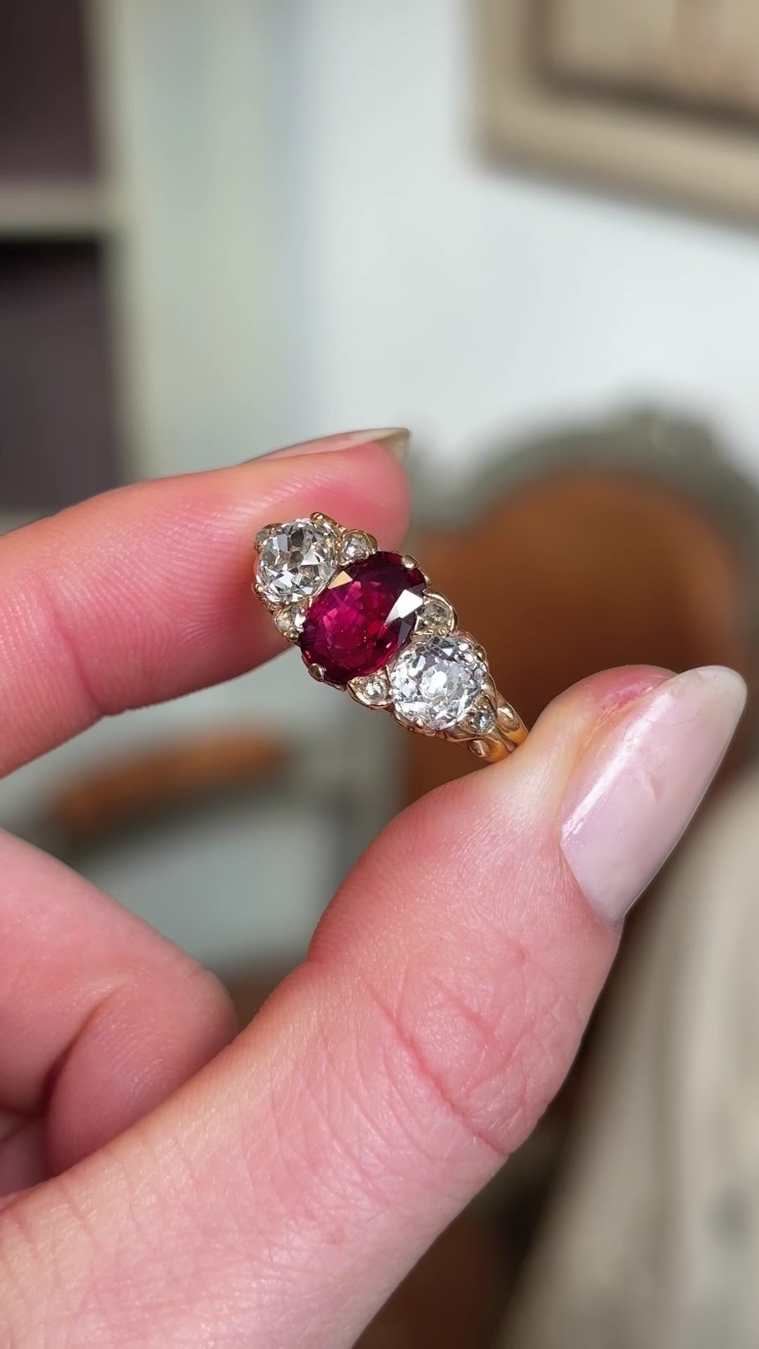 Antique, Victorian natural ruby & diamond three-stone ring