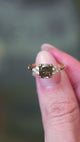 Chocolate brown diamond cluster tre-foil engagement ring held between fingers showing ring details.