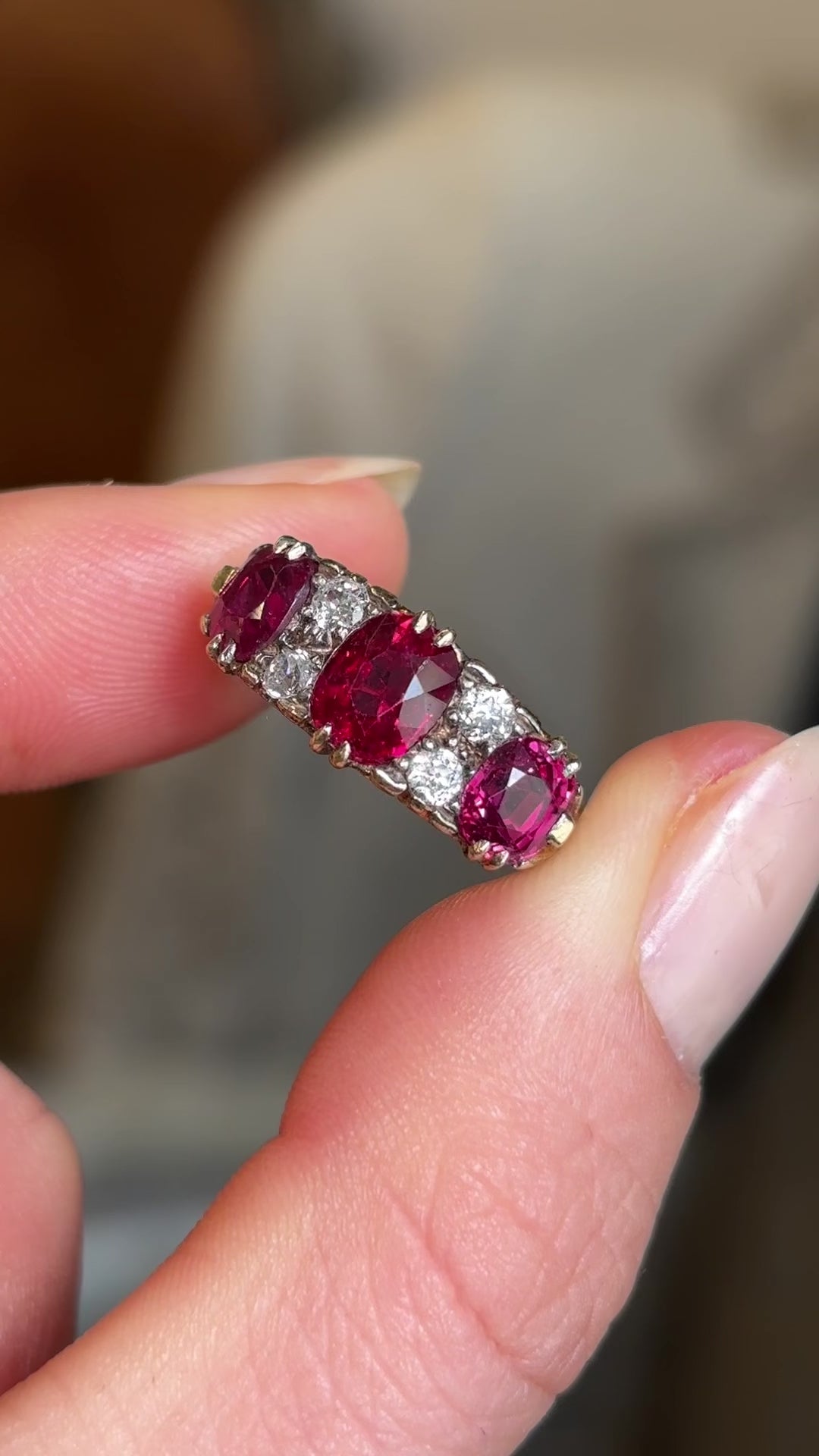Victorian, unheated ruby & diamond three-stone ring