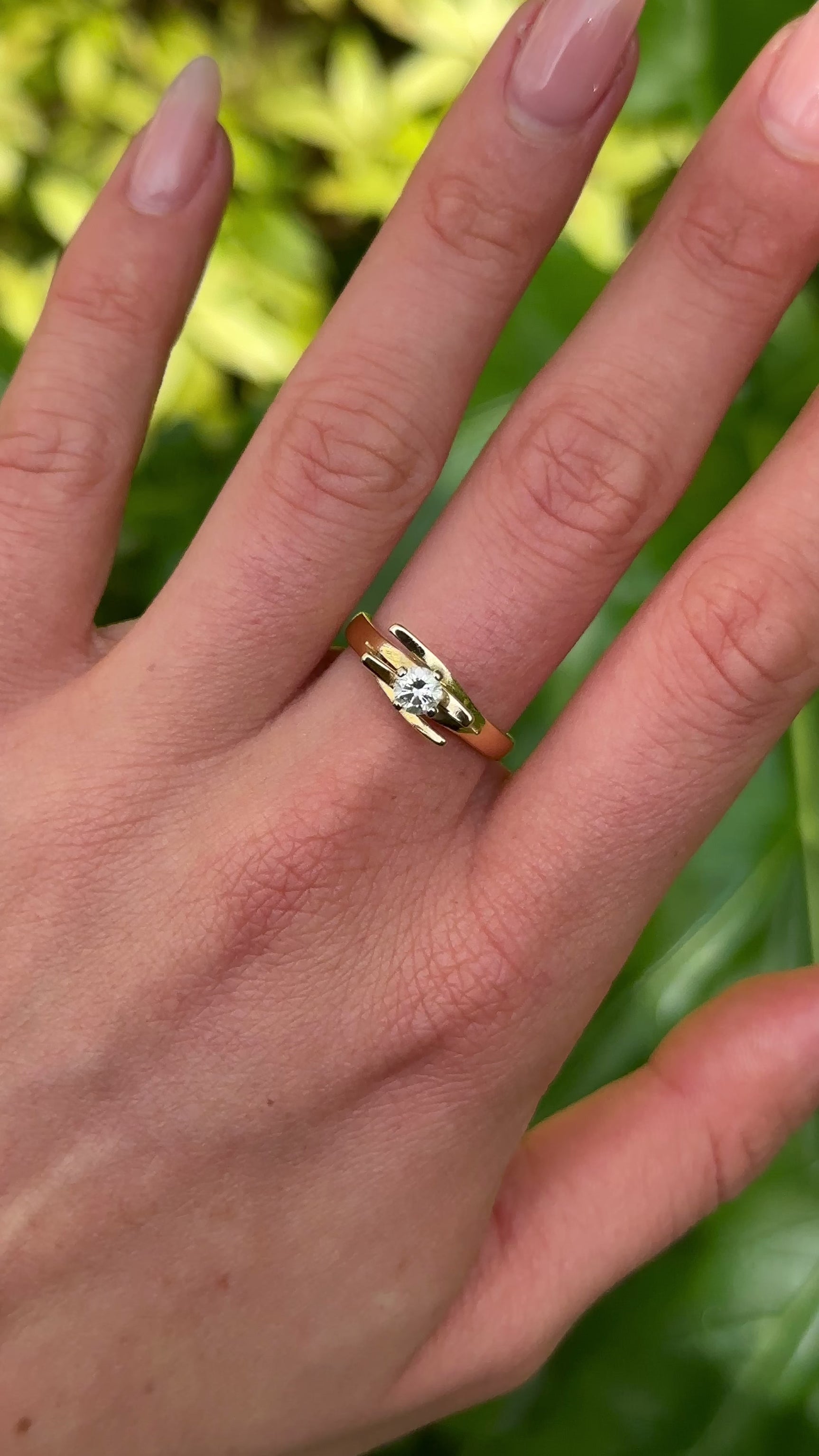 Vintage, Unique 1970s Diamond Engagement Ring, 18ct Yellow Gold worn on hand. 