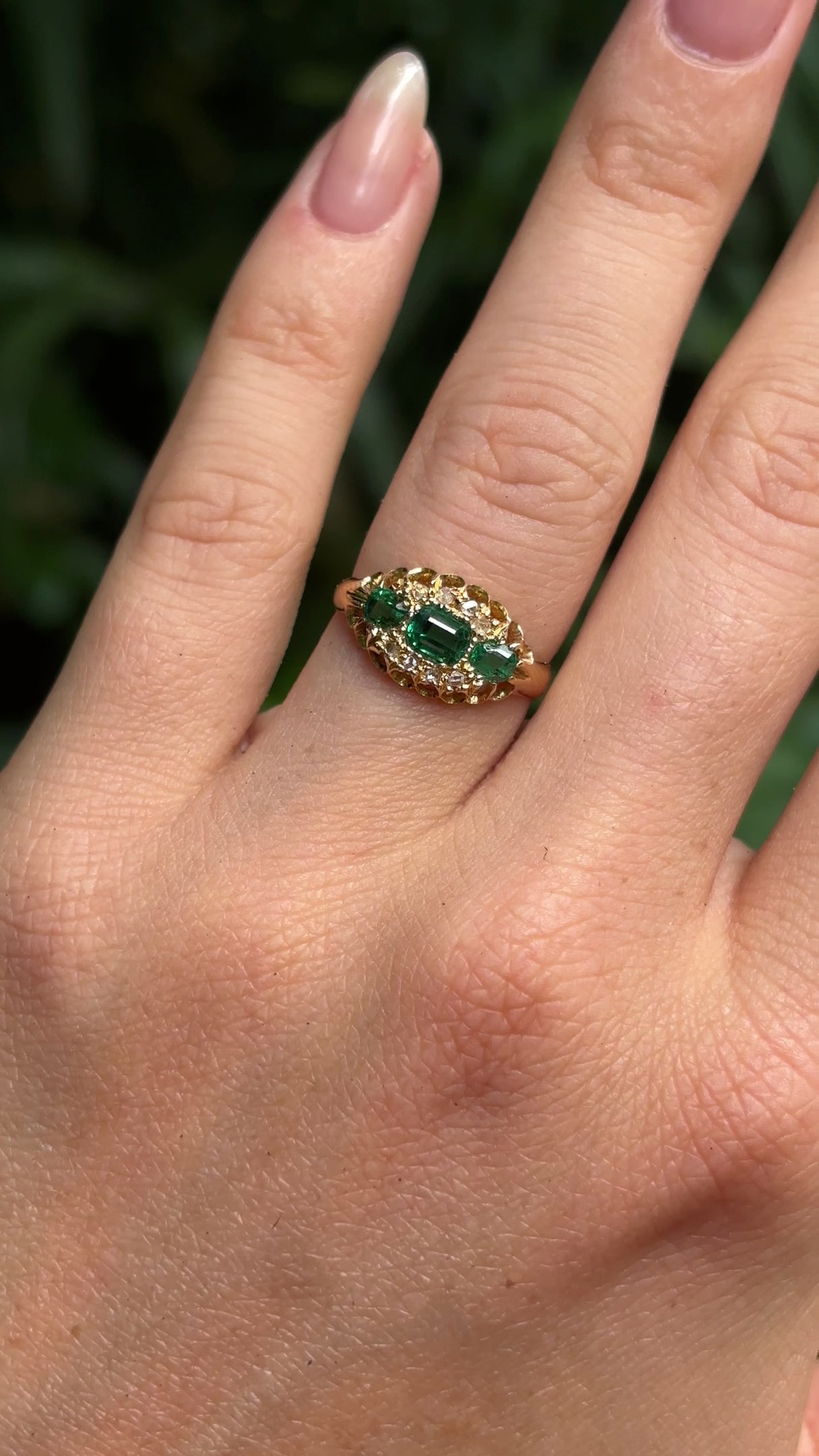 Antique, Edwardian emerald & diamond engagement ring, 18ct yellow gold