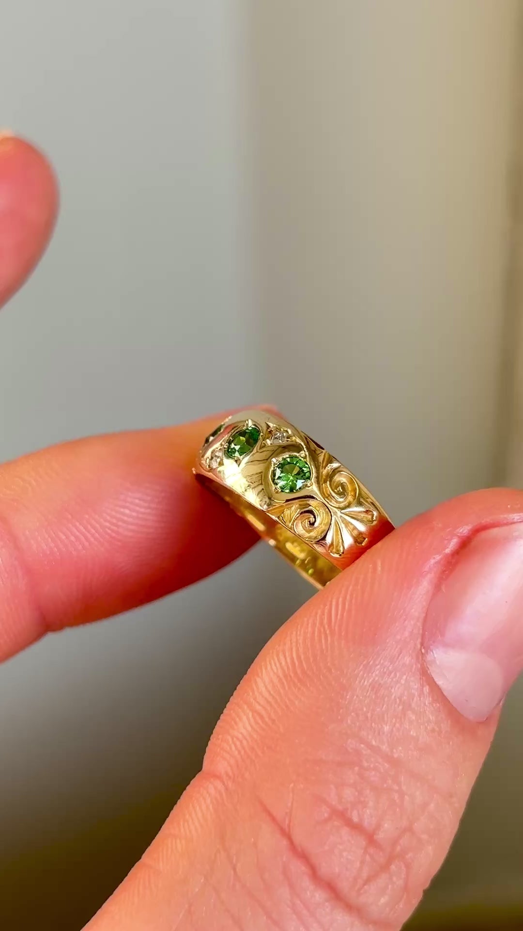 Antique, Victorian three-stone green garnet gypsy ring