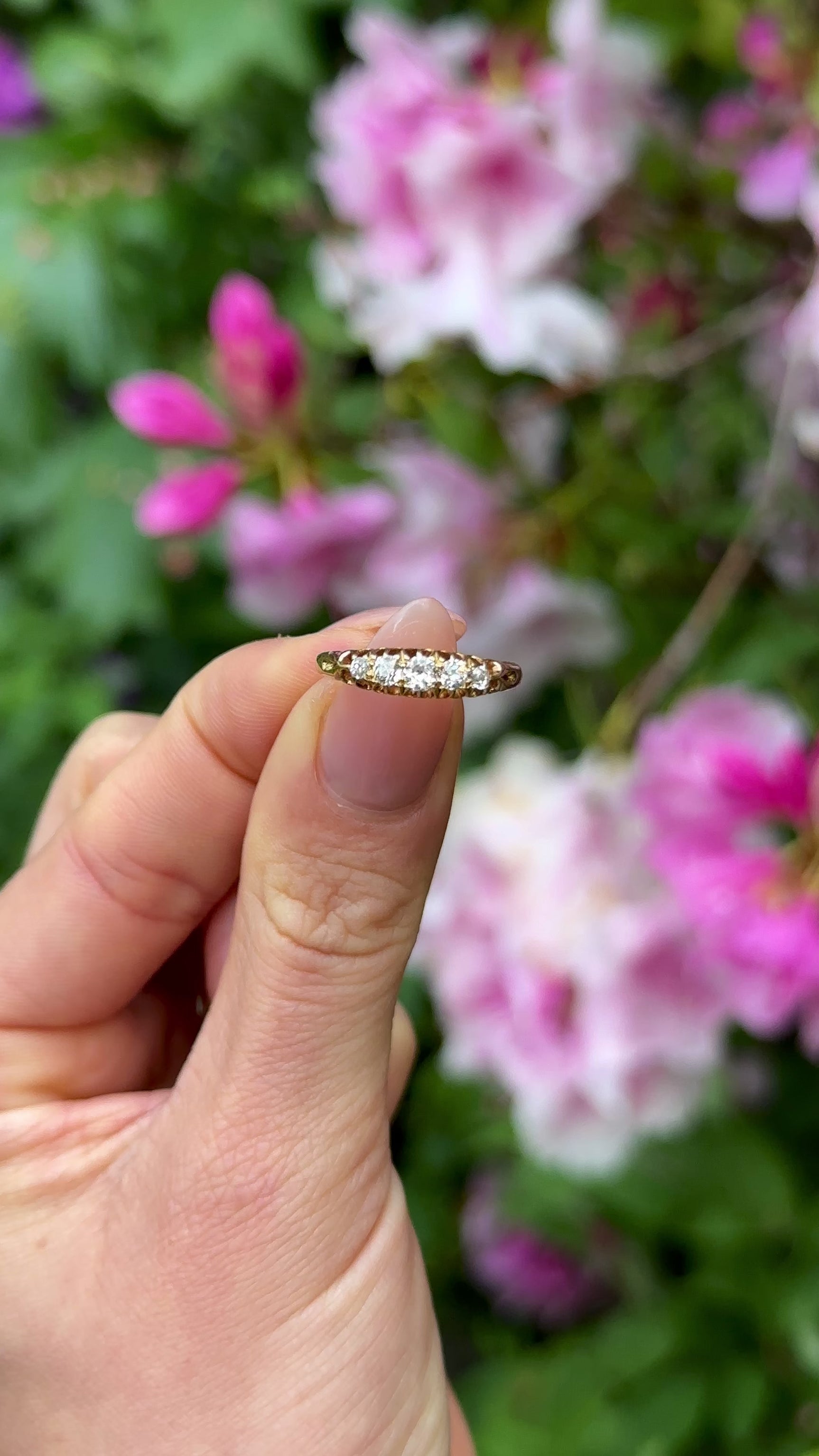 Antique, Edwardian Five-Stone Diamond Ring, 18ct Yellow Gold worn on hand.