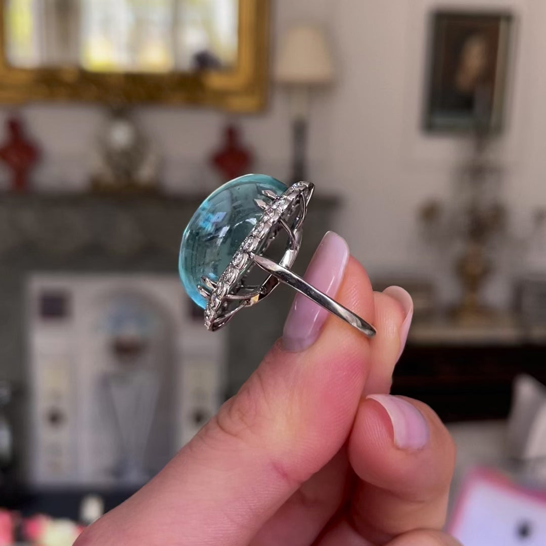 Vintage Cabochon Aquamarine and Diamond Cluster Cocktail Ring, Platinum