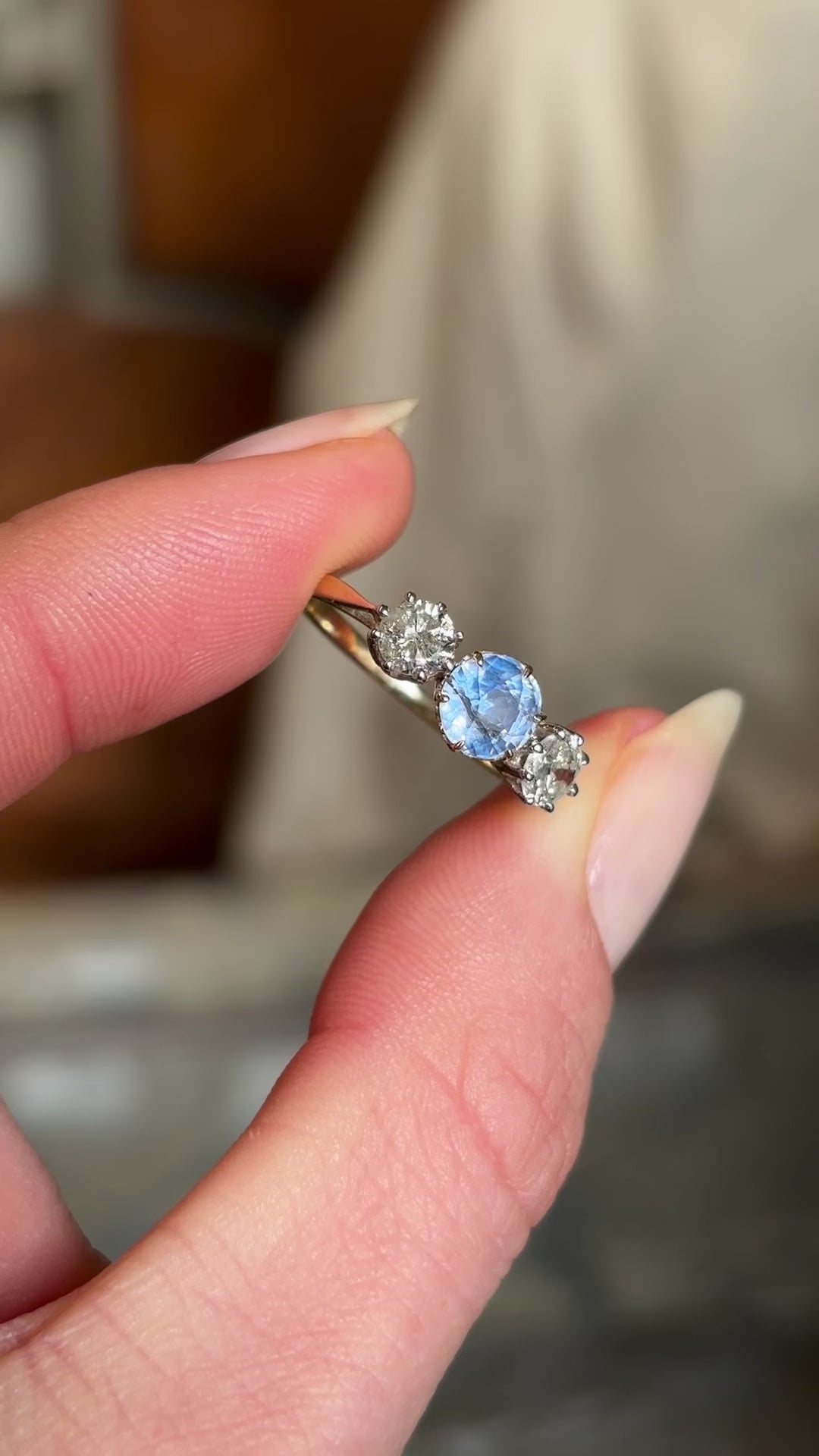 Vintage, 1970s powder-blue sapphire & diamond three-stone ring