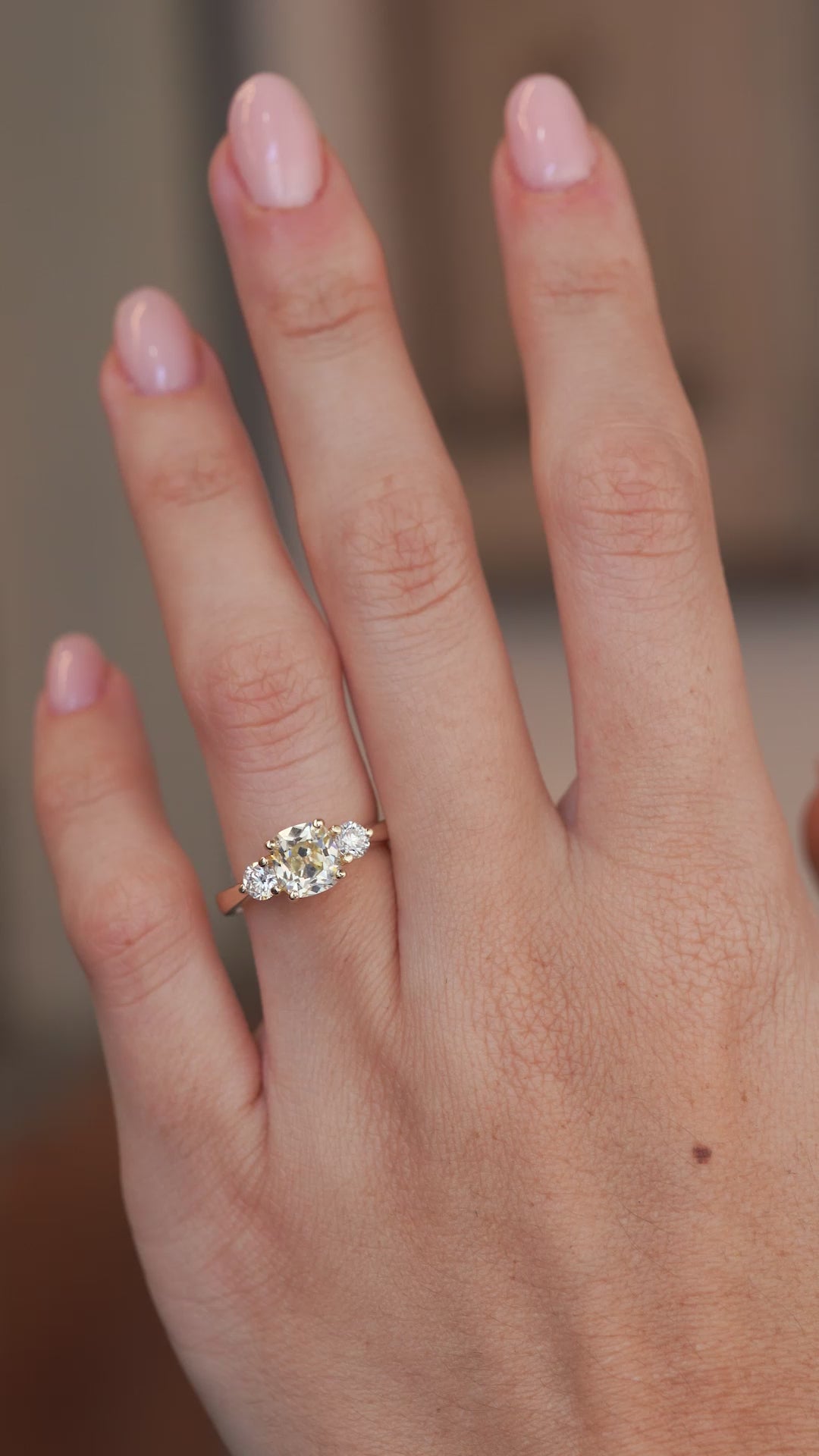 A hand-model video showing the scale and sparkle of the three-stone ring.