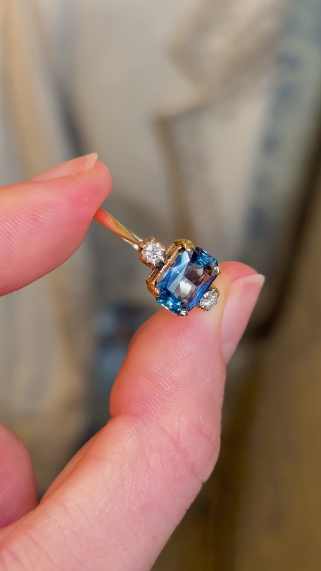 Vintage, 1930s teal-blue sapphire & diamond three-stone ring