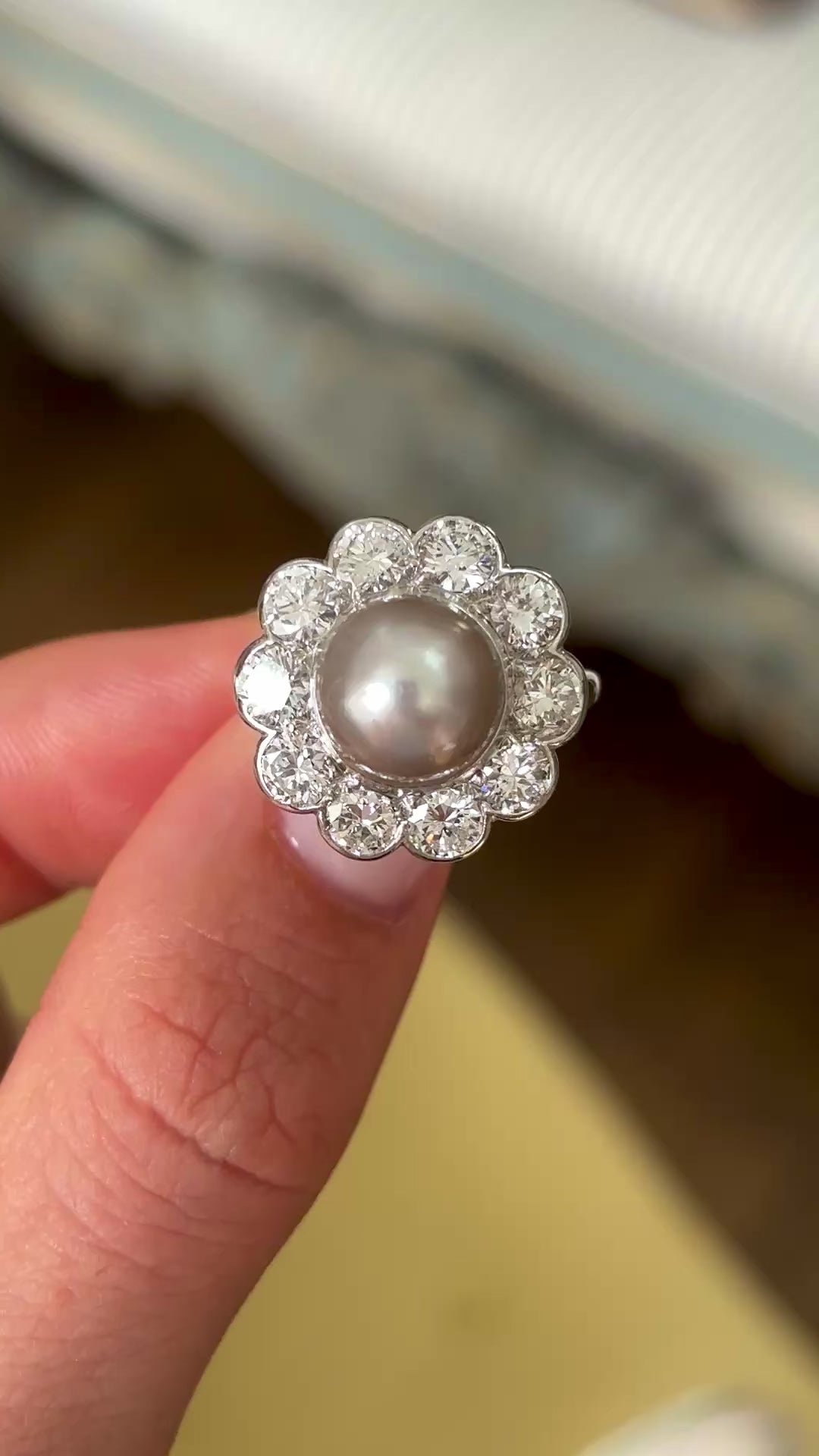 Vintage, Art Deco natural pearl & diamond cluster ring